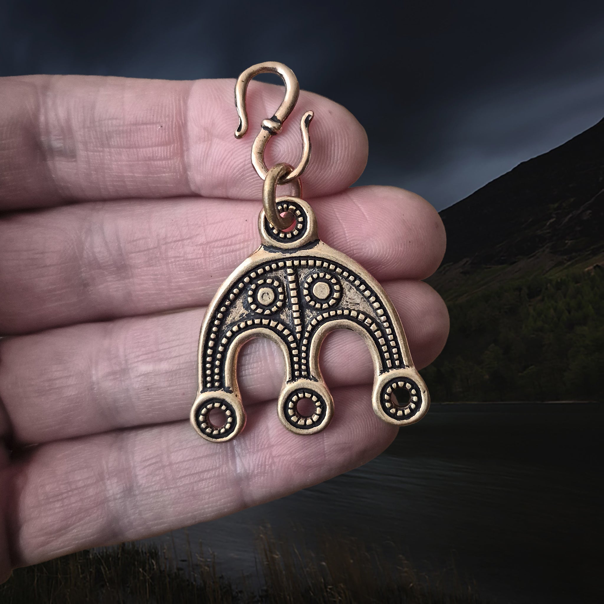 Viking Replica Grave Find - Bronze Bead Divider from Öland on S-Hook Clasp, on Hand