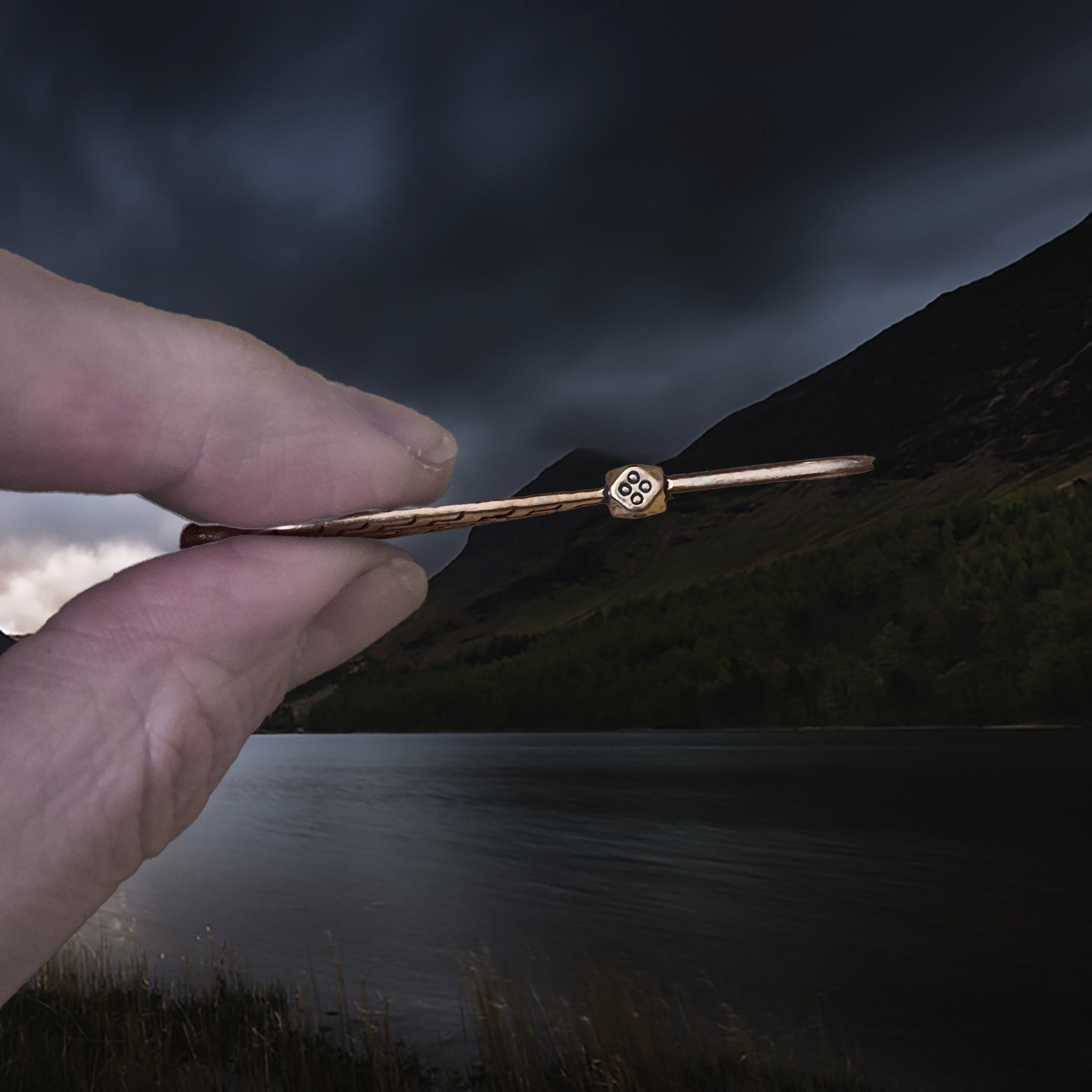 Viking Age Grave Find Replica Bronze Viking Casket Key Pendant in Fingers - Side View