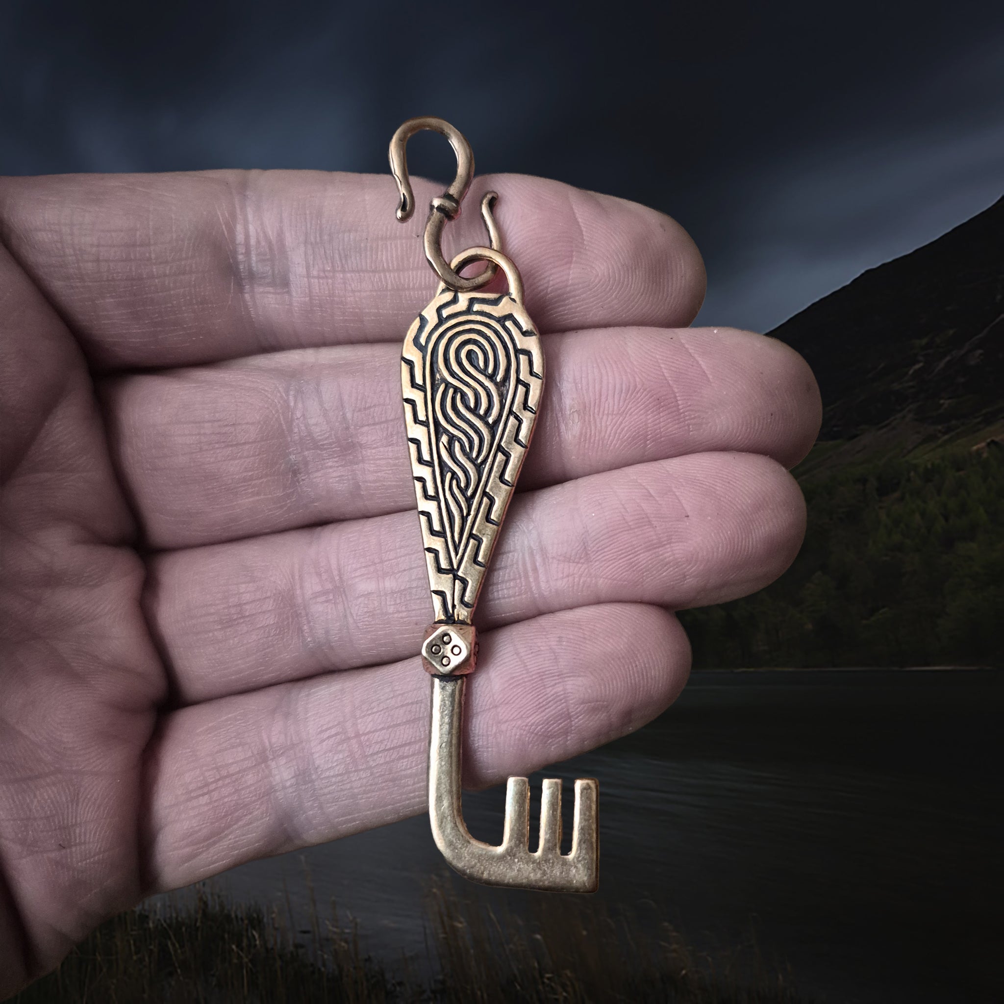 Viking Age Grave Find Replica Bronze Viking Casket Key Pendant on Bronze S-Hook Clasp, on Hand