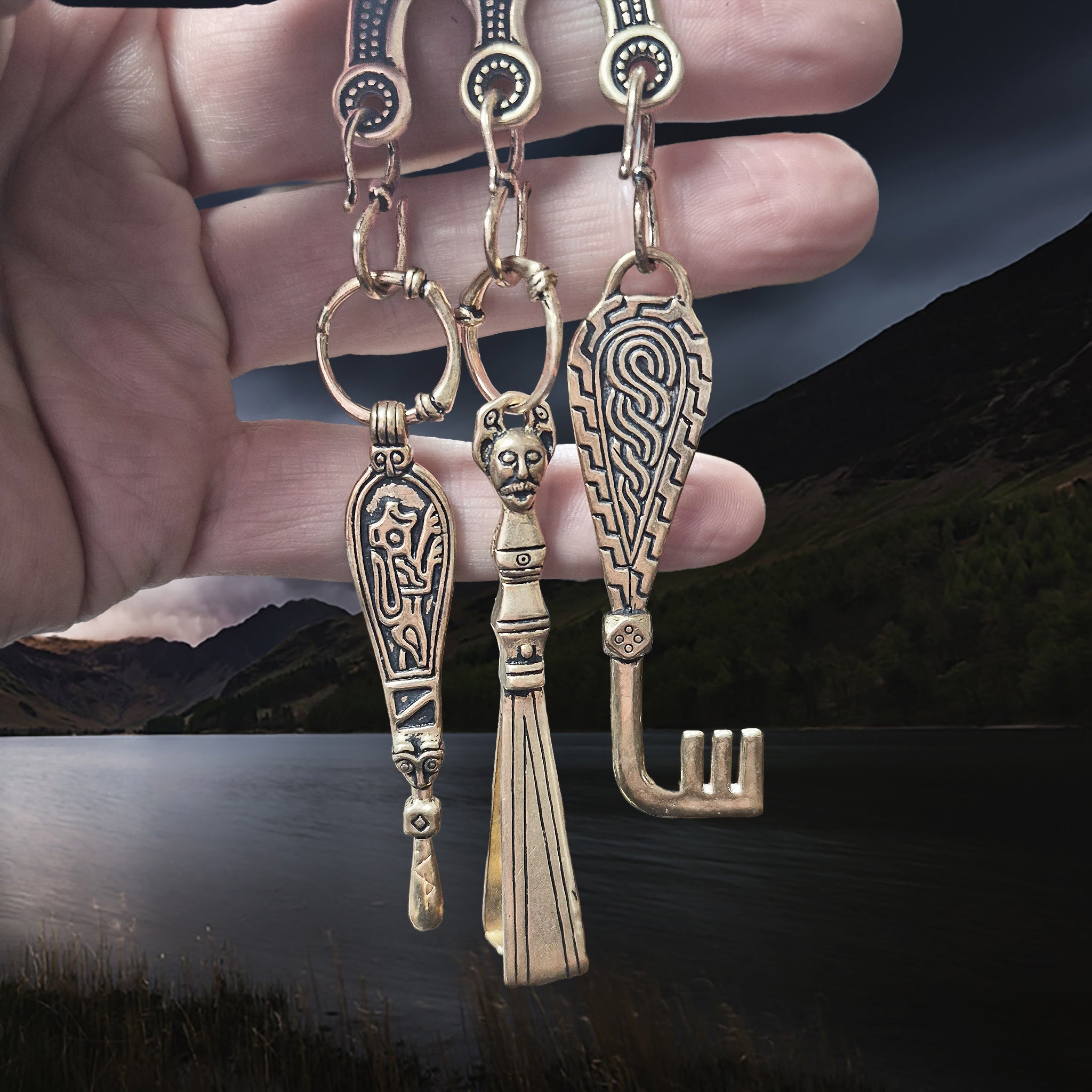 Viking Age Grave Find Replica Bronze Viking Pendants on Hand, Attasched by S-Hooks, on Divider - Ear Spoon, Tweezers & Casket Key Pendant