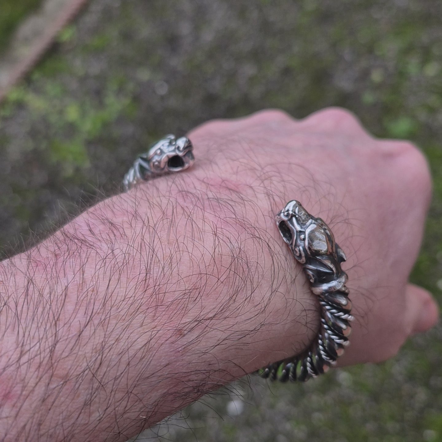 Thick Twisted Silver Viking Bracelet / Arm Ring With Ferocious Wolf Heads on Wrist - Showing All Sides
