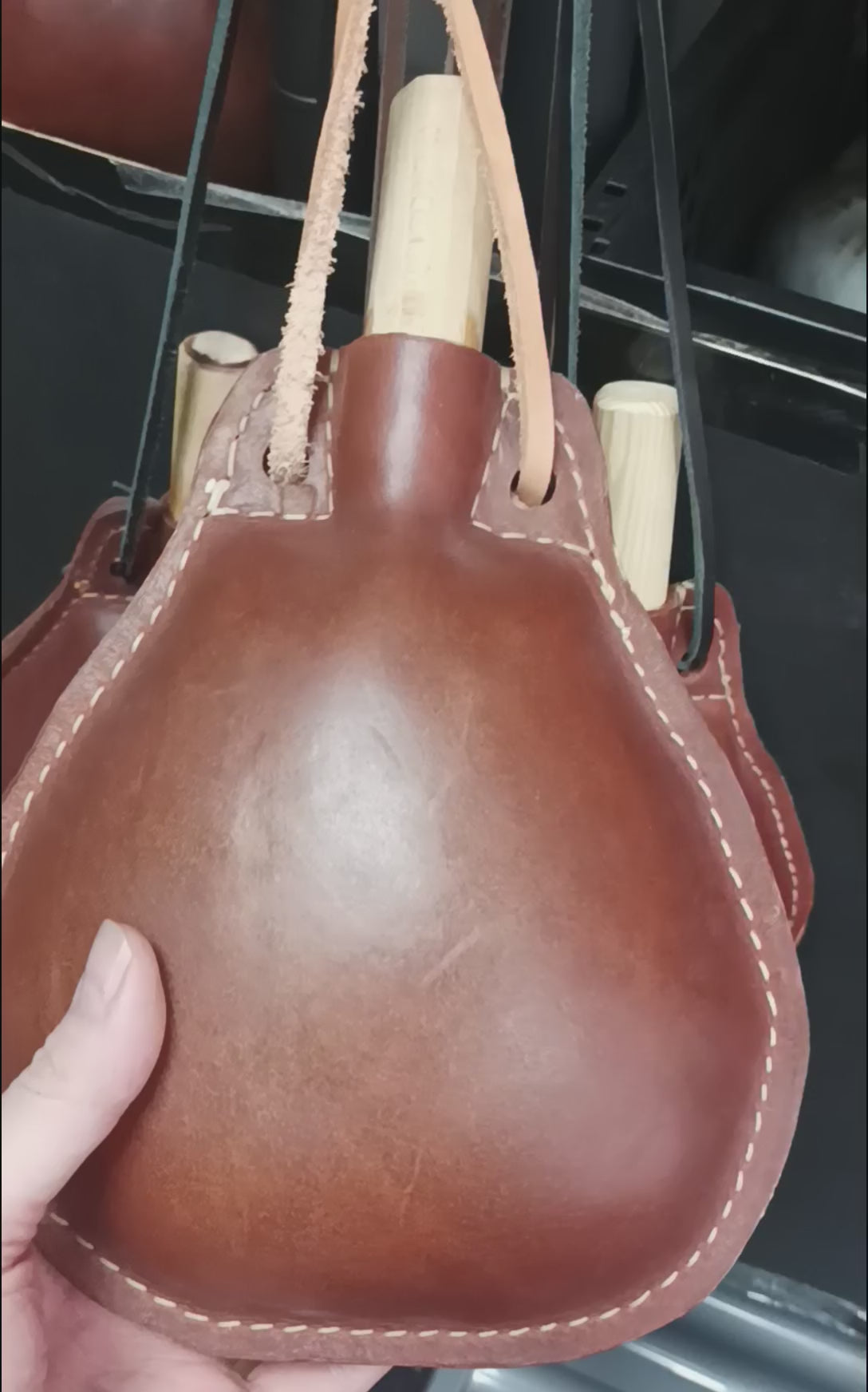 Large Handmade Leather Water Bottle in Hand - Both Sides