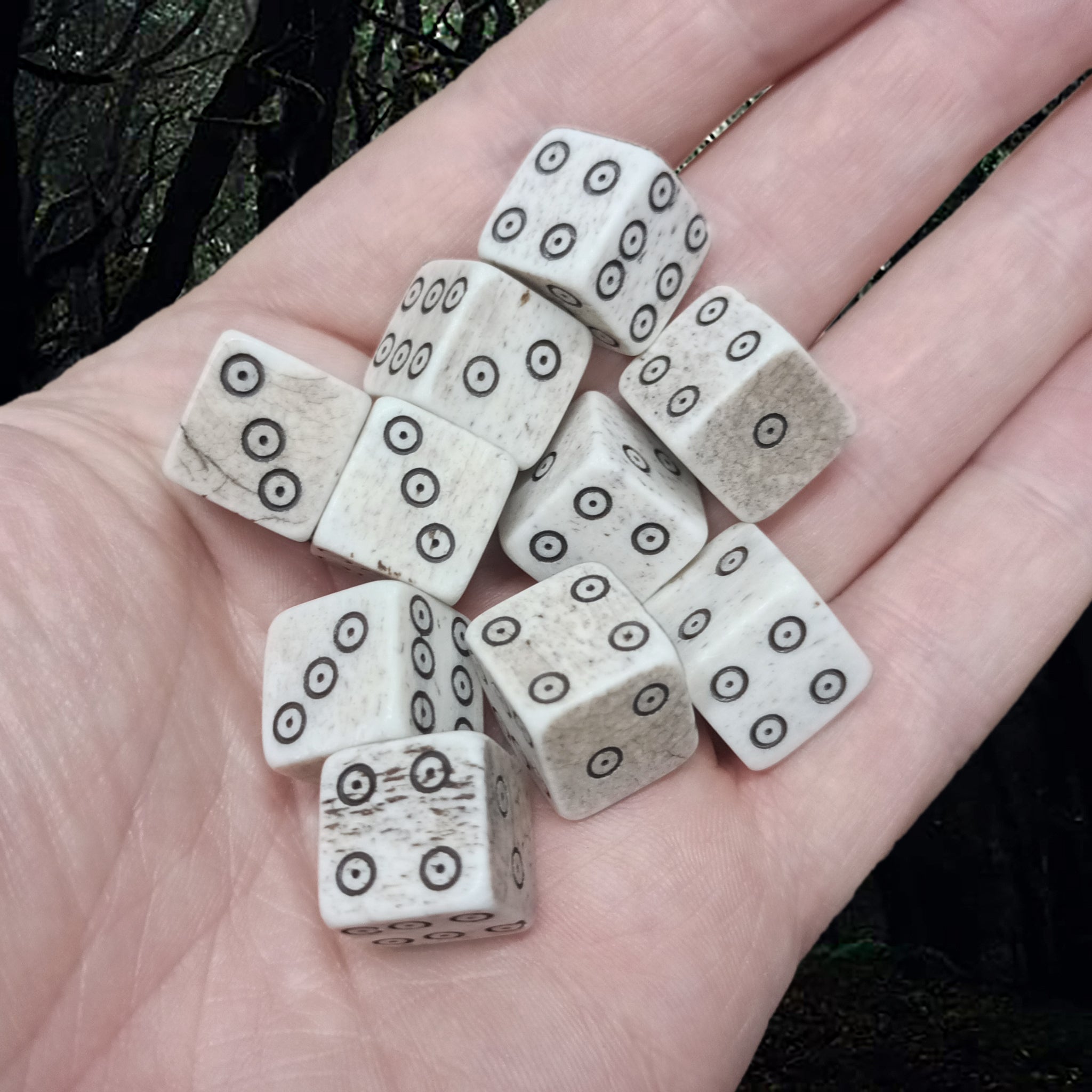 Large Size Cow Bone Dice Replicas with Hand-Carved Dot & Ring Spots on Hand x 10