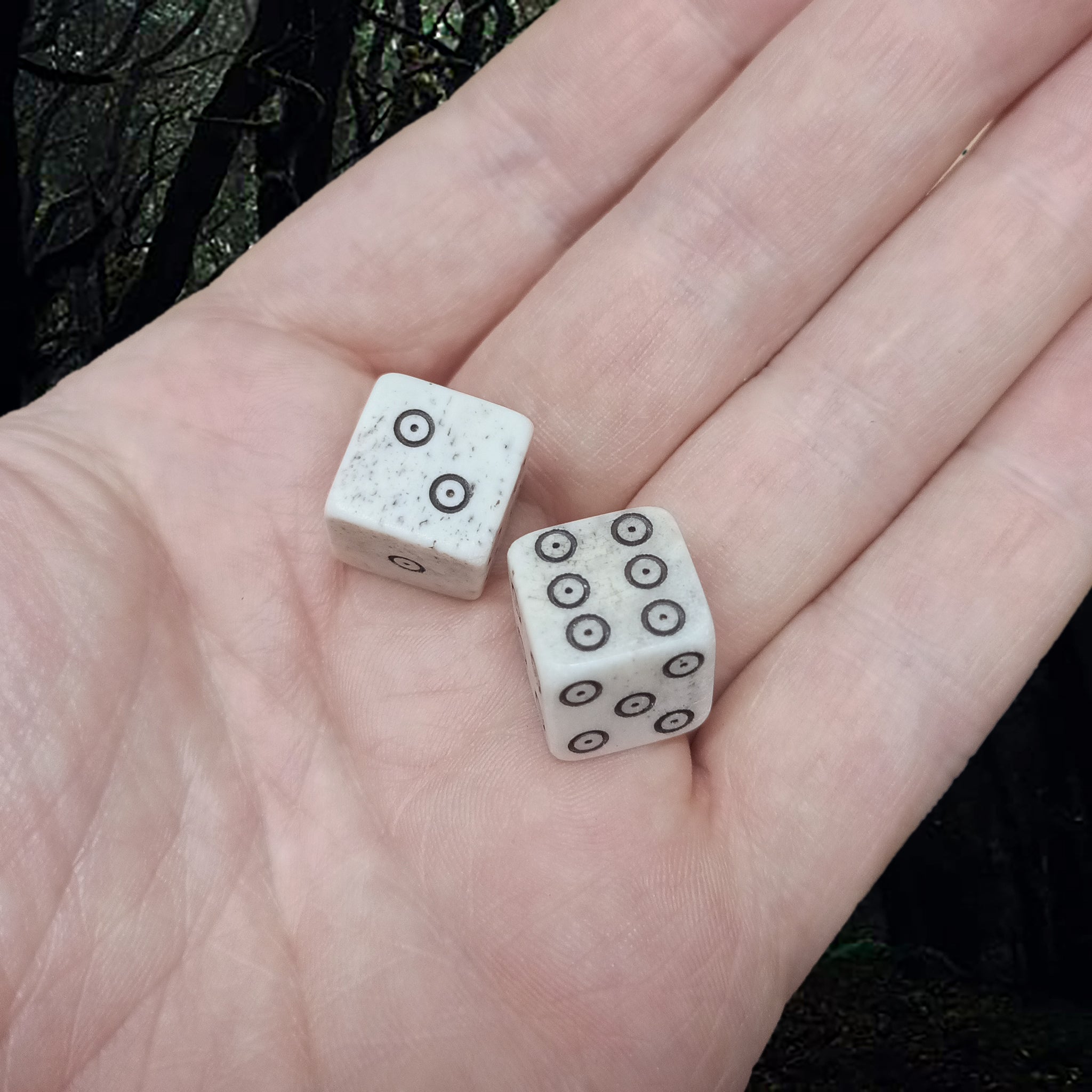 Large Size Cow Bone Dice Replicas with Hand-Carved Dot & Ring Spots on Hand x 2