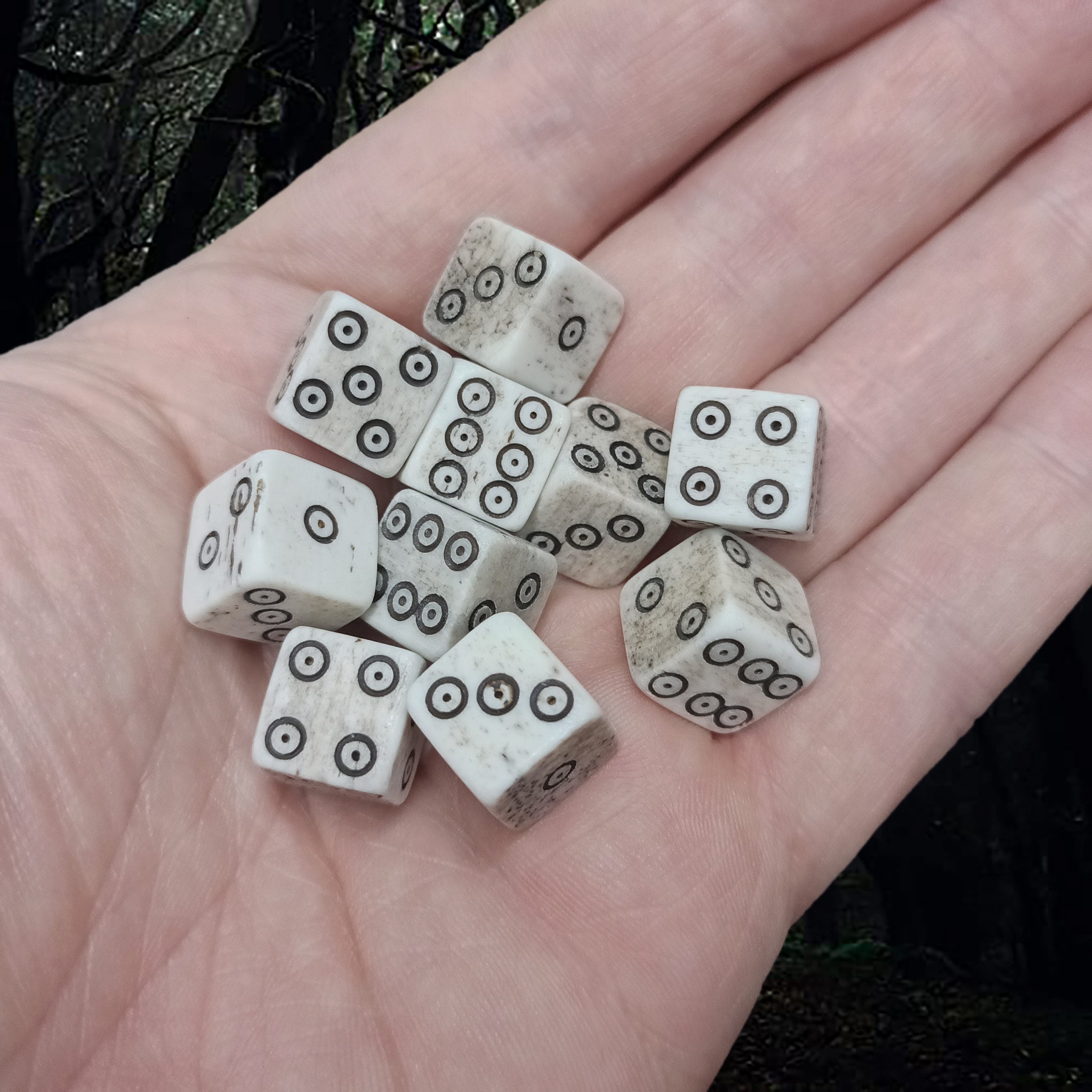Cow Bone Replica Medium Dice with Hand-Carved Dot & Ring Spots on Hand x 10