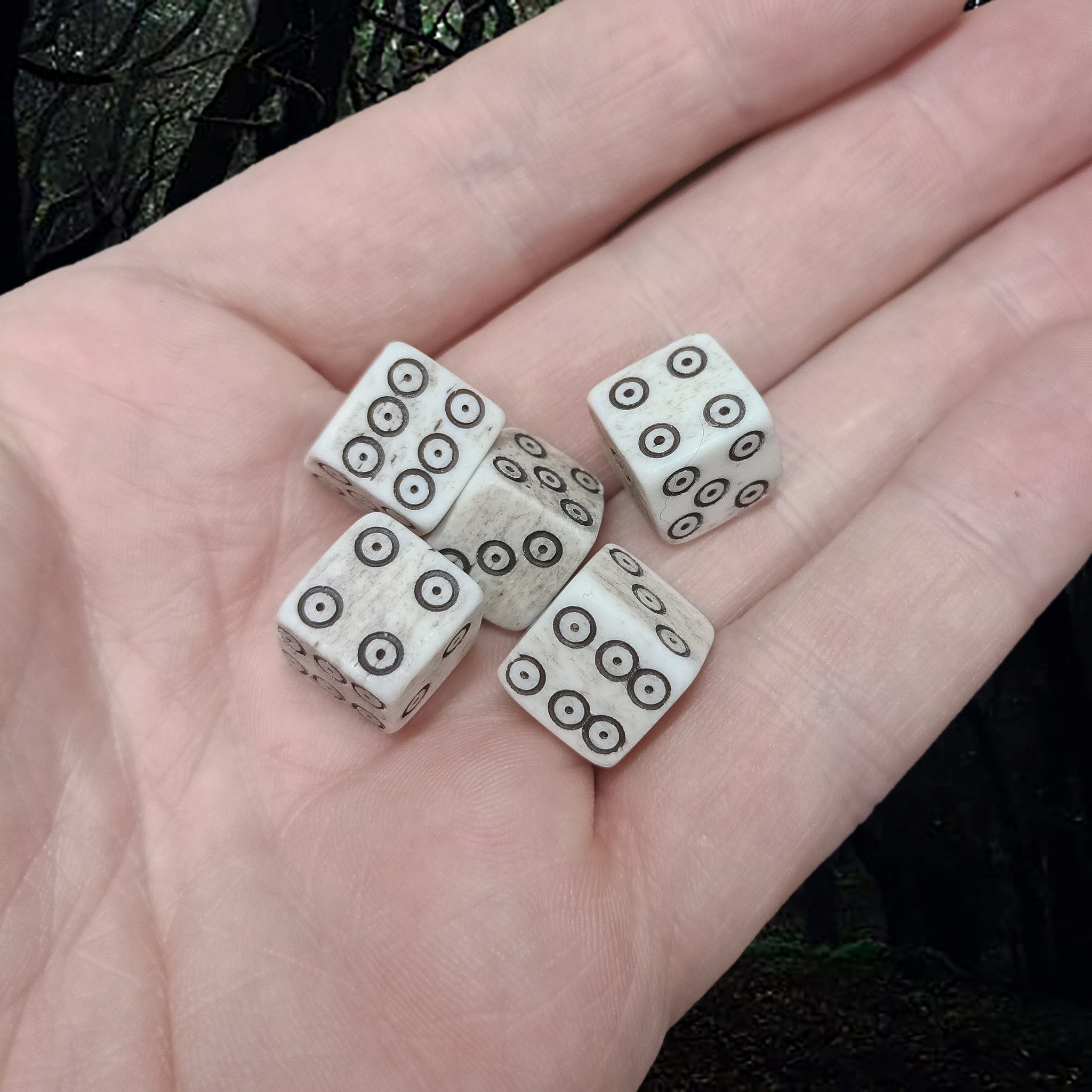 Cow Bone Replica Medium Dice with Hand-Carved Dot & Ring Spots on Hand x 5