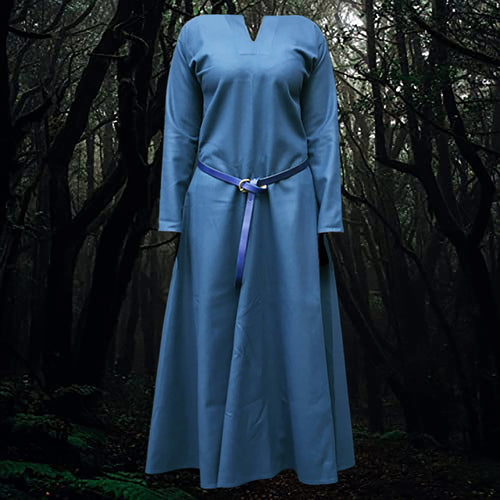 Handmade Wool Women's Viking Dress in Blue with Blue Leather Belt