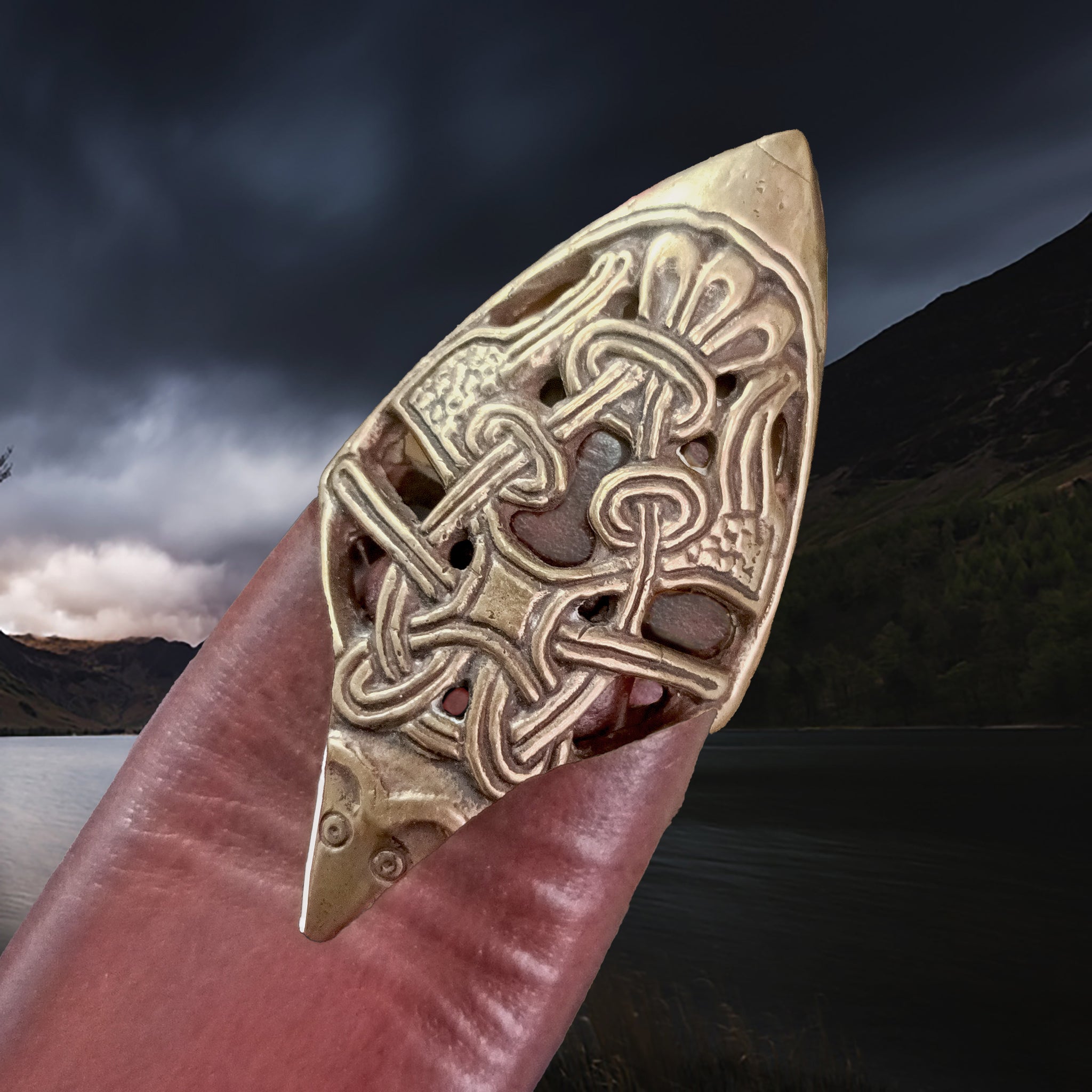 Solid Bronze Viking Scabbard Chape Replica from Skåne on Leather Scabbard