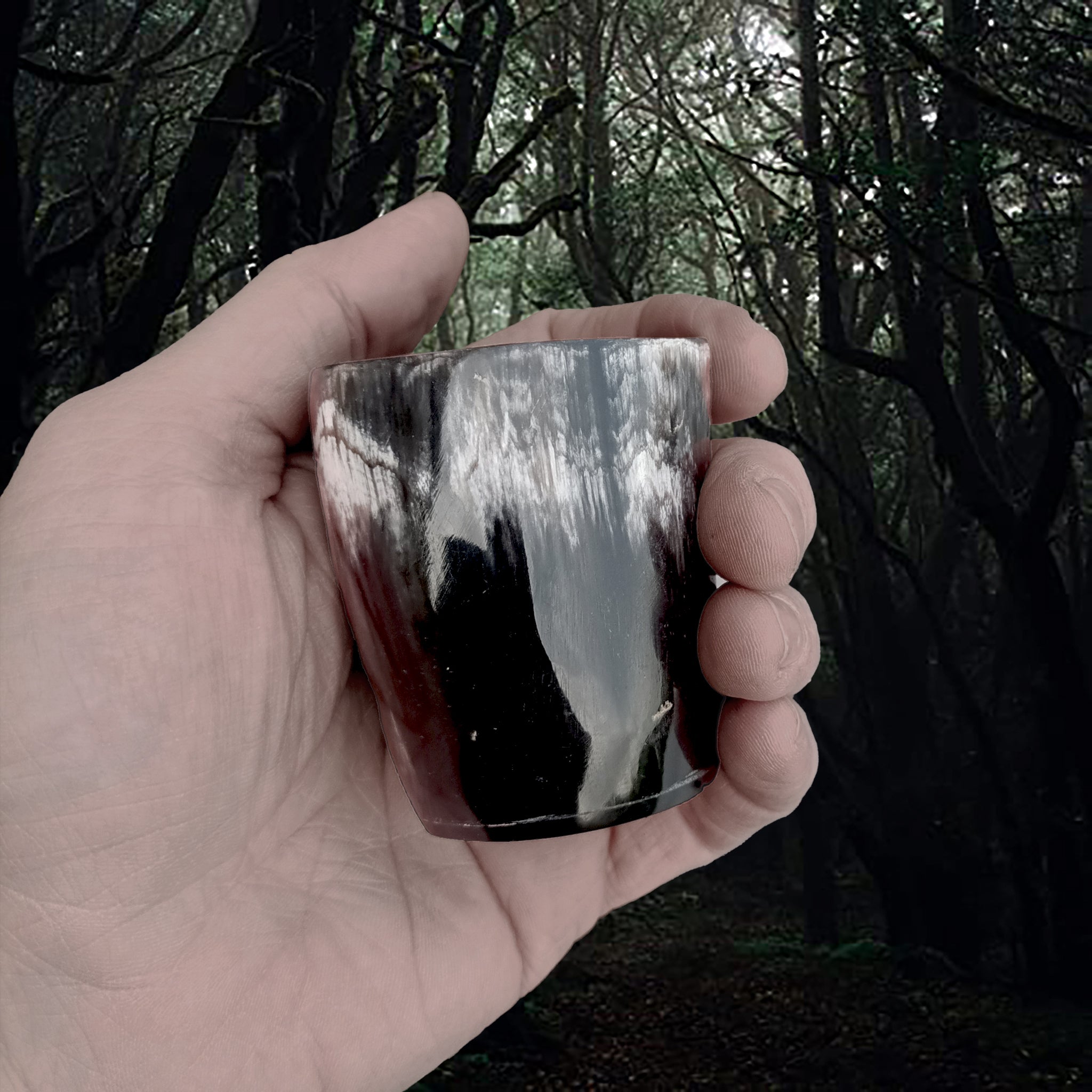 Handmade Cow Horn Dice Shaker / Shot Cup with Resin Base in Hand - Dark Colour