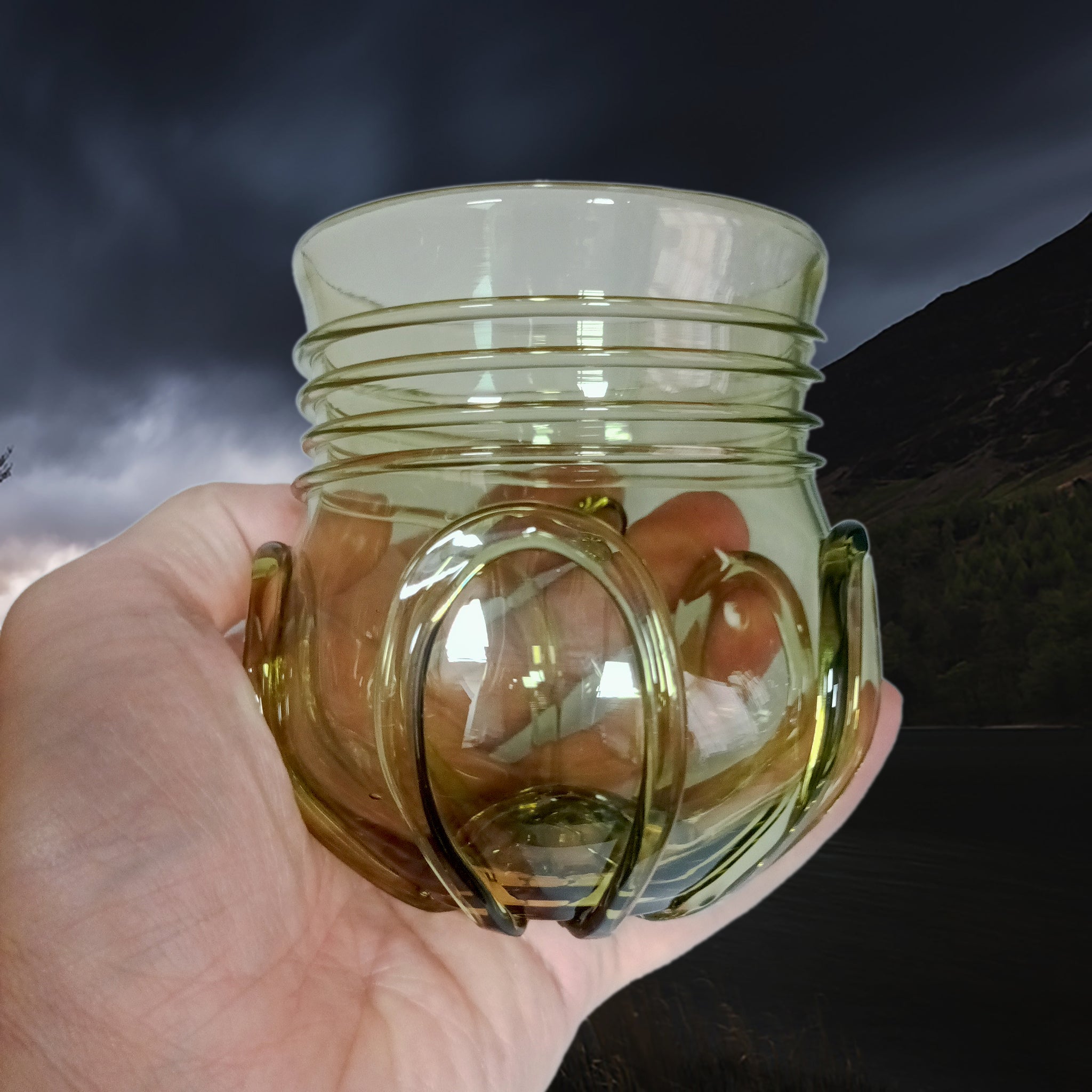 Handmade Round Viking Glass From Birka  in Hand Aloft