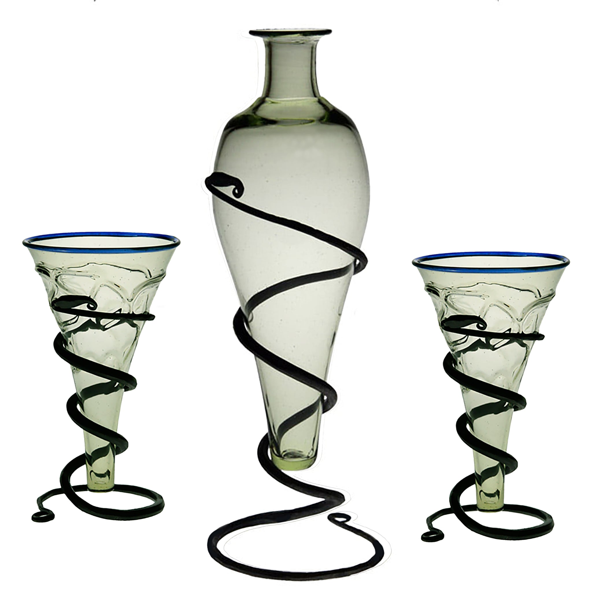 Handmade Glass Mead bottle on iron stand with 2 x Decorated, Blue-Rimmed Viking Cone Glasses