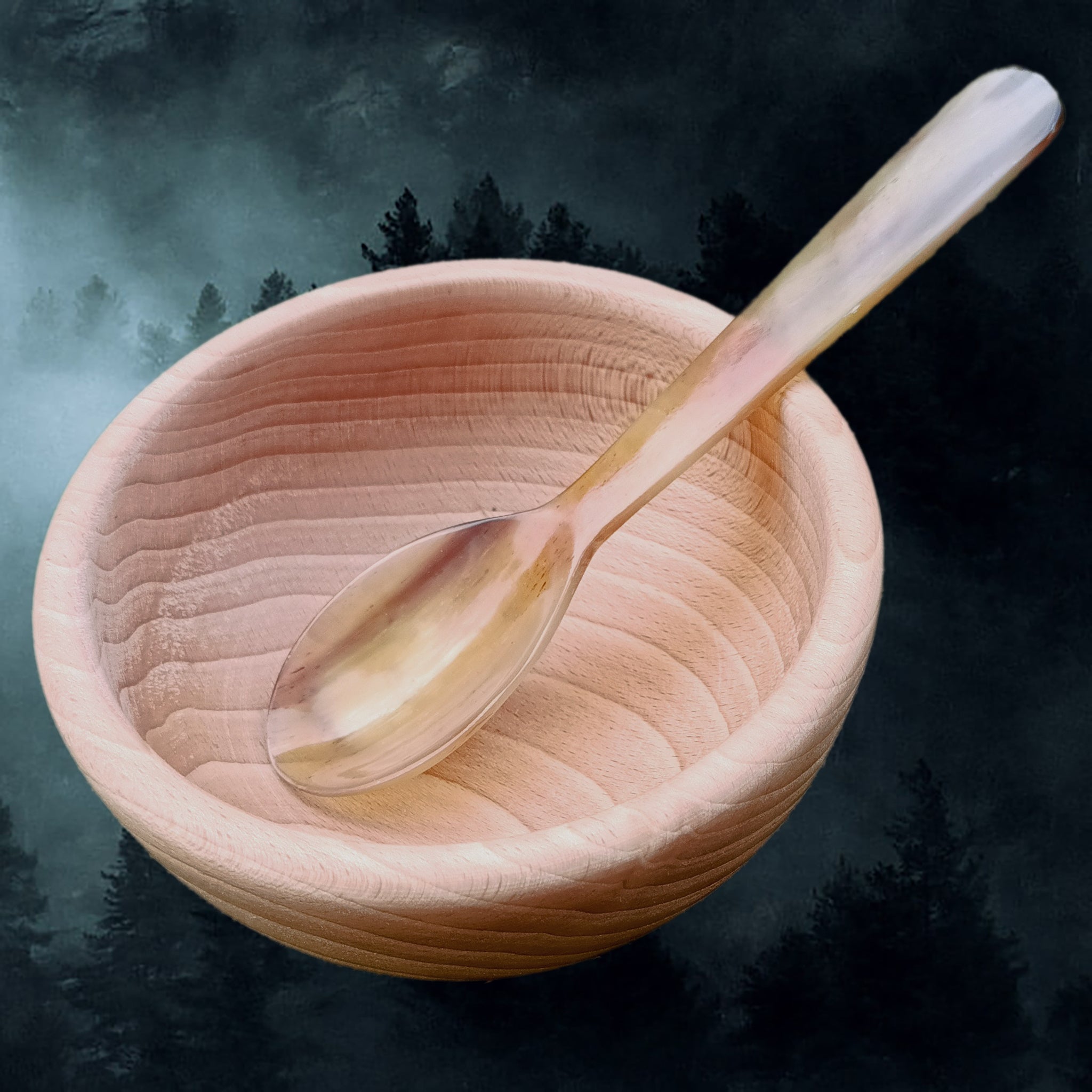 Large horn spoon for Viking / Medieval feasting in Medium Hand-Turned Wooden Bowl