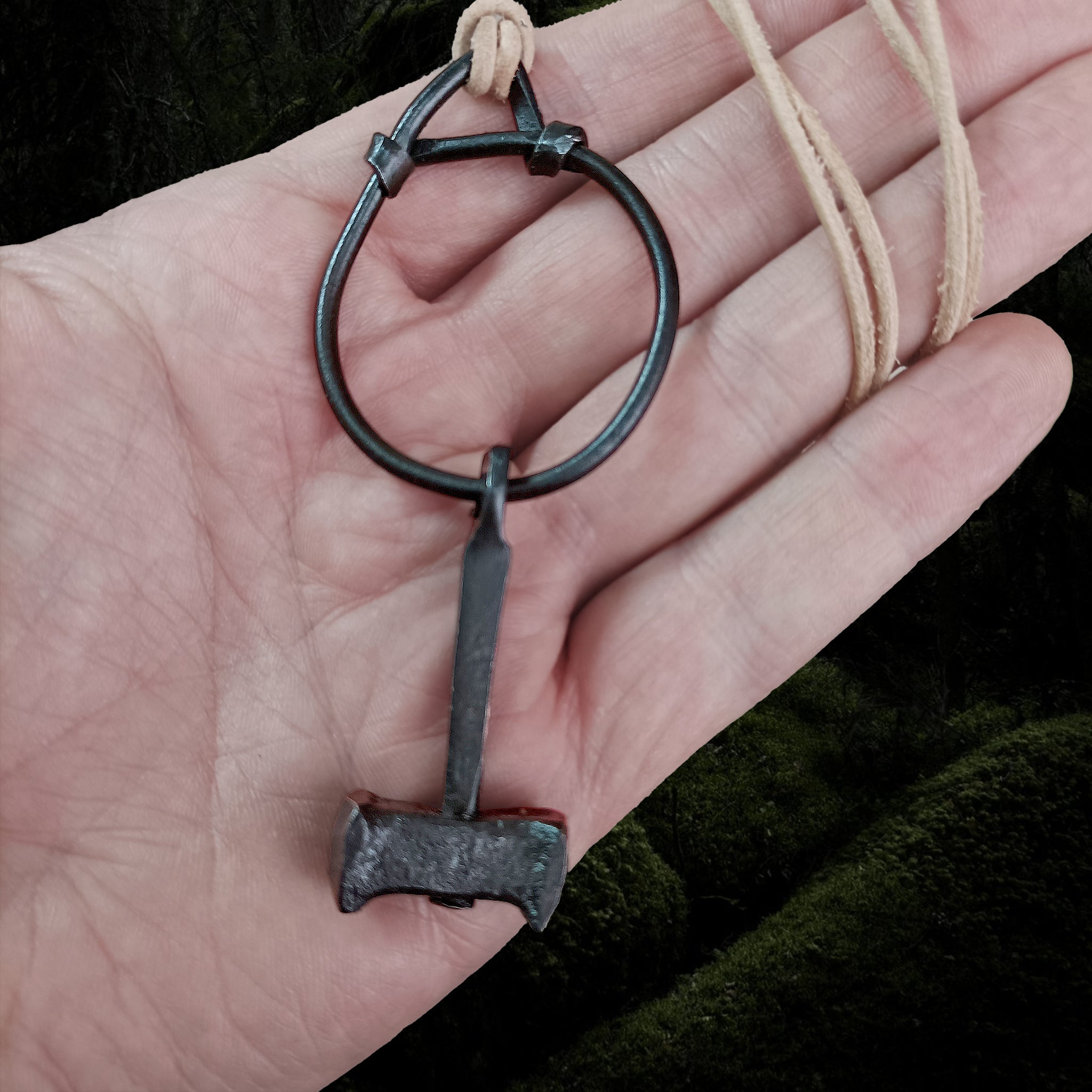 Iron Replica Thors Hammer Pendant from Läby, Sweden on Natural Leather Thong, on Hand