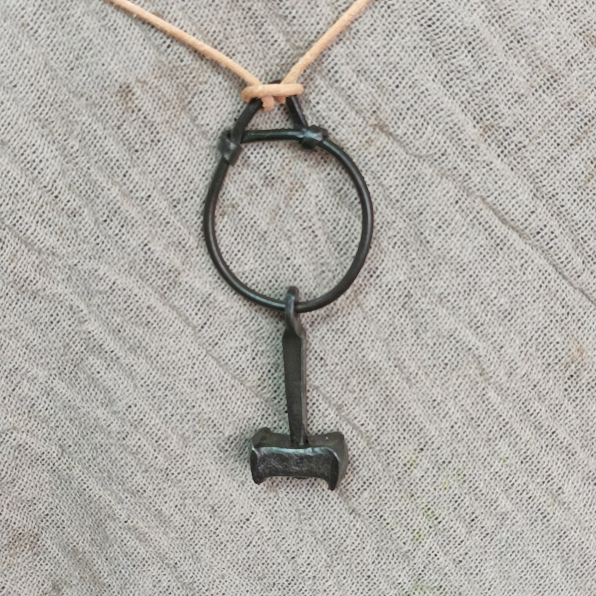 Iron Replica Thors Hammer Pendant from Läby, Sweden on Natural Leather Thong on Linen