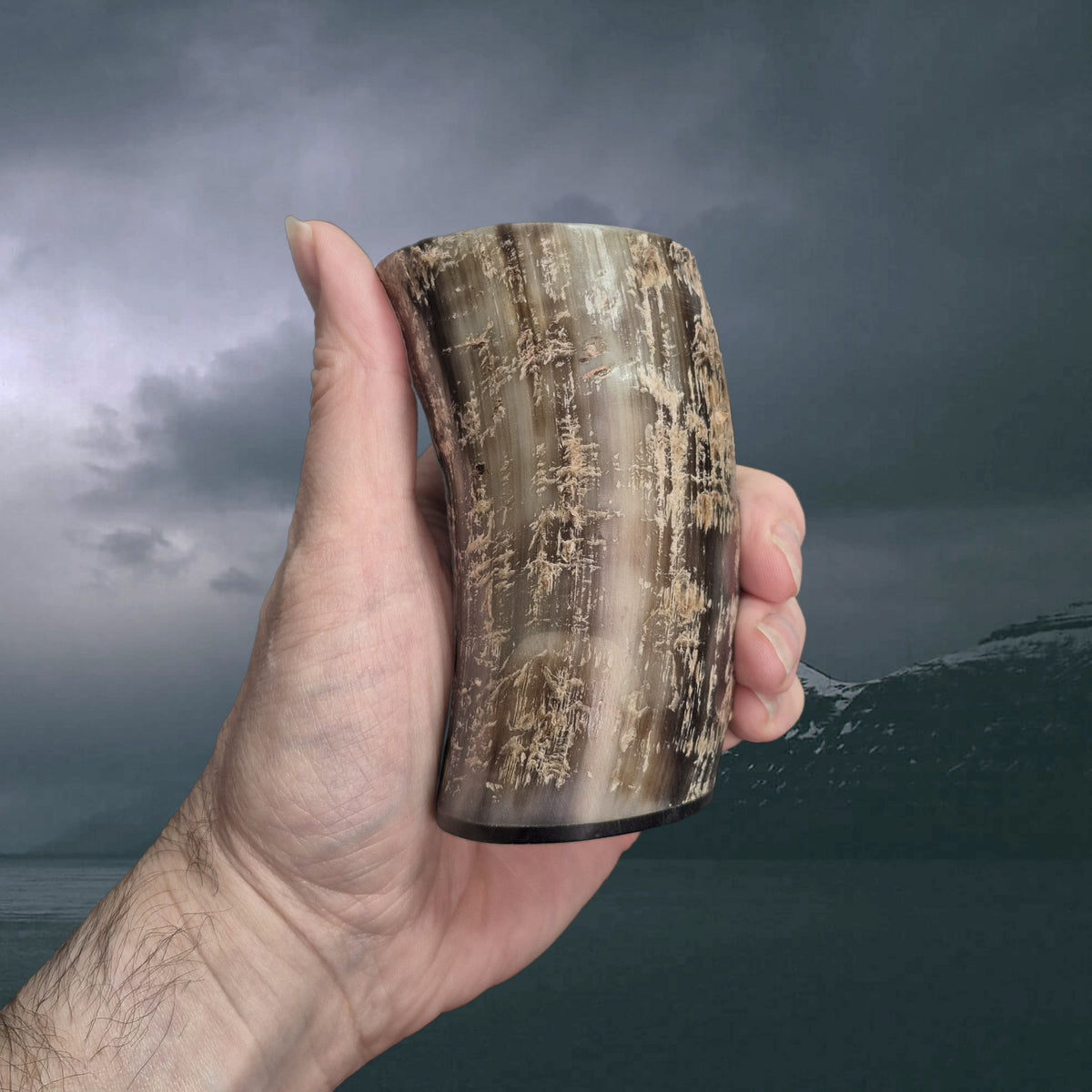 Handmade Rustic Horn Mead / Wine / Beer Cup Replica with Resin Base in Hand - Example 2