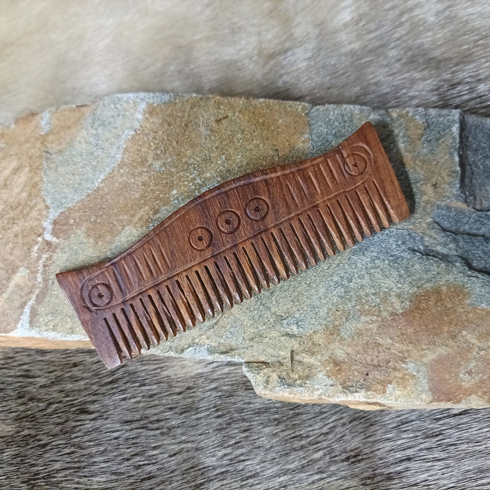 Decorated Wood Viking Comb on Rock - New design
