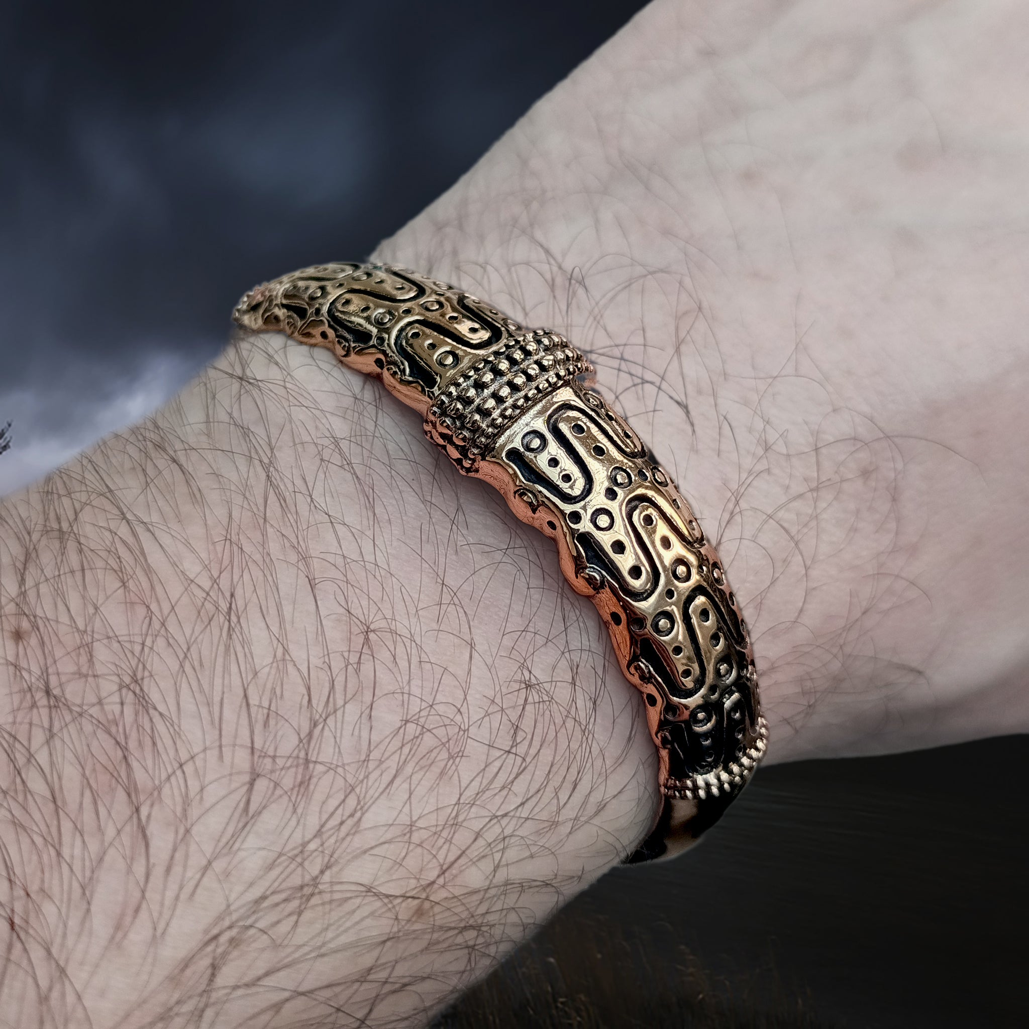 Danish Viking Bronze Bracelet from Falster on Wrist - Angle View