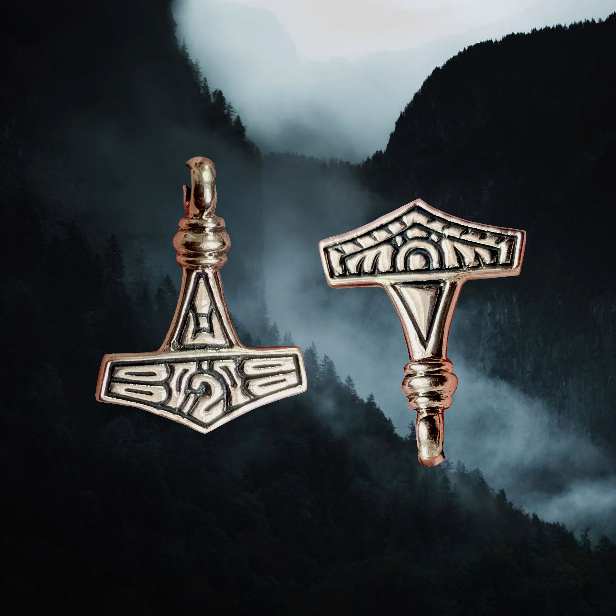 Small Replica Bronze Viking Thor's Hammer Pendant from the Island of Gotland, Sweden - Front and Back