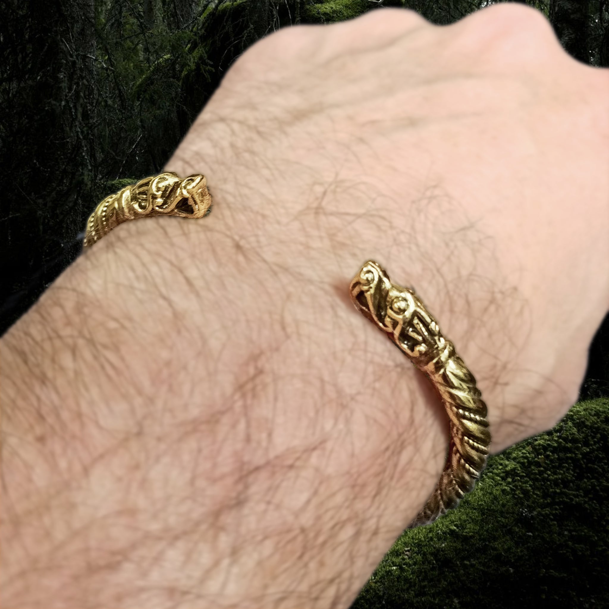 Handmade Twisted Bronze Bracelet With Gotlandic Dragon Heads on Wrist