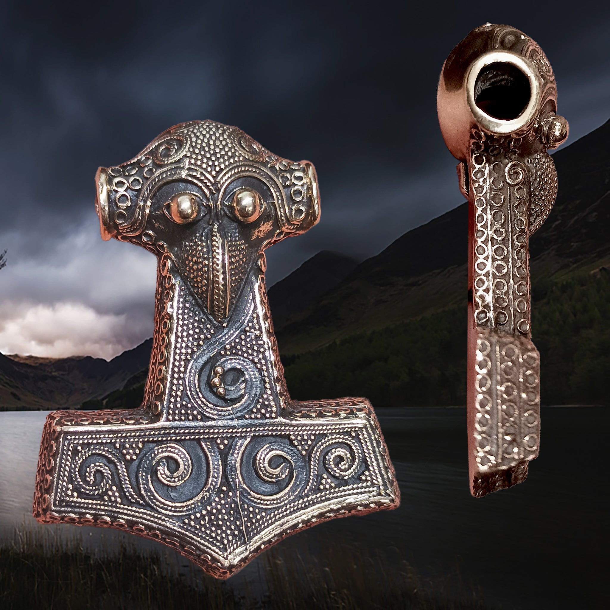 Large Bronze Filigree Thors Hammer Pendant Replica from Kabara - Front and Side View