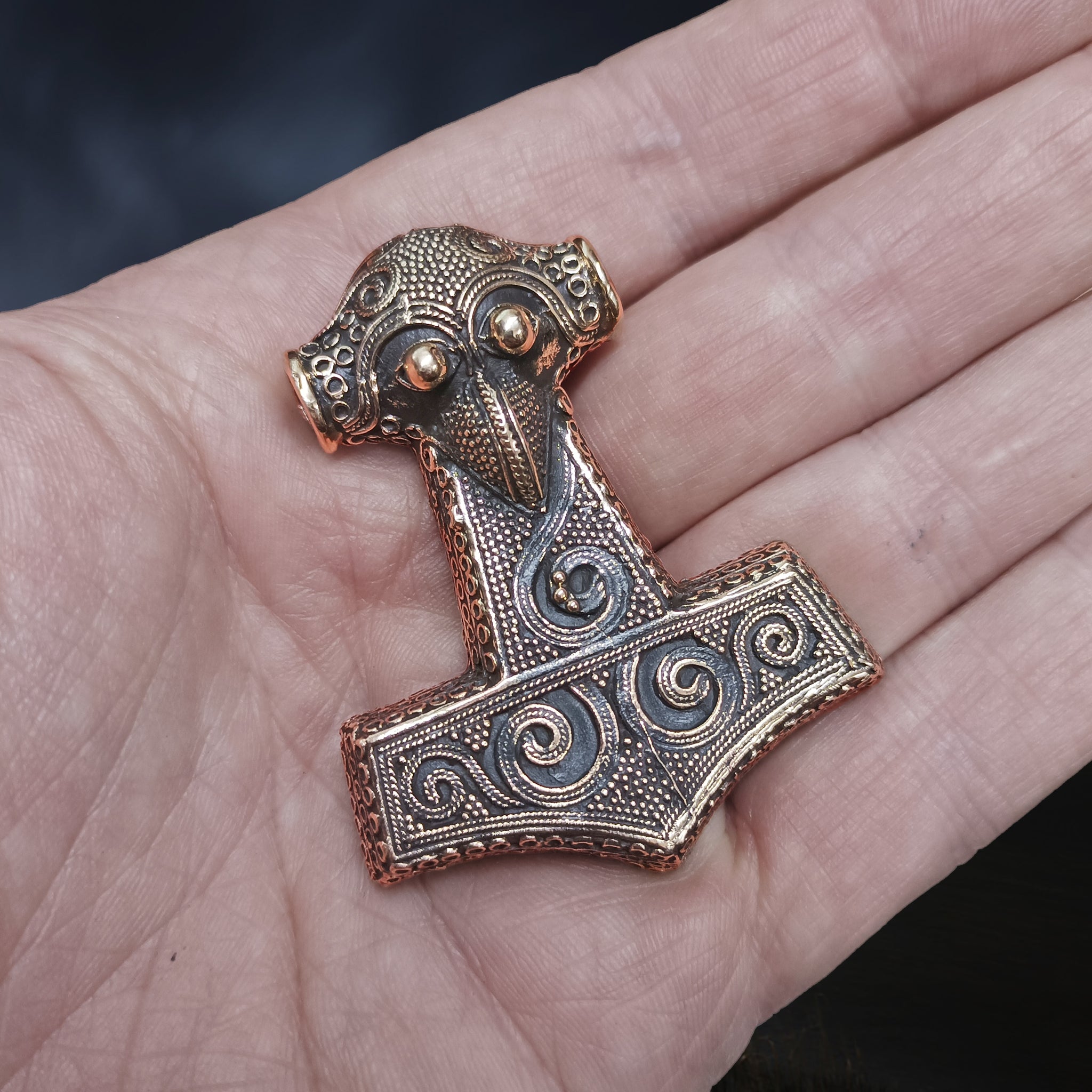 Large Bronze Filigree Thors Hammer Pendant Replica from Kabara on Hand