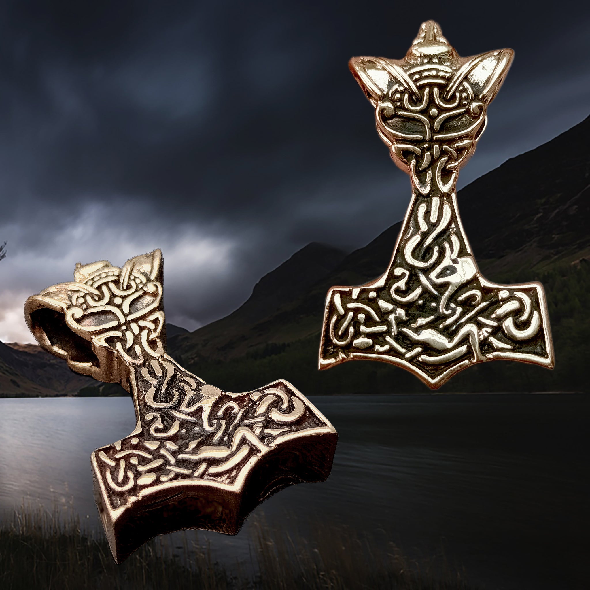 Bronze Wolf Thors Hammer Pendants - Front and Side Angle View