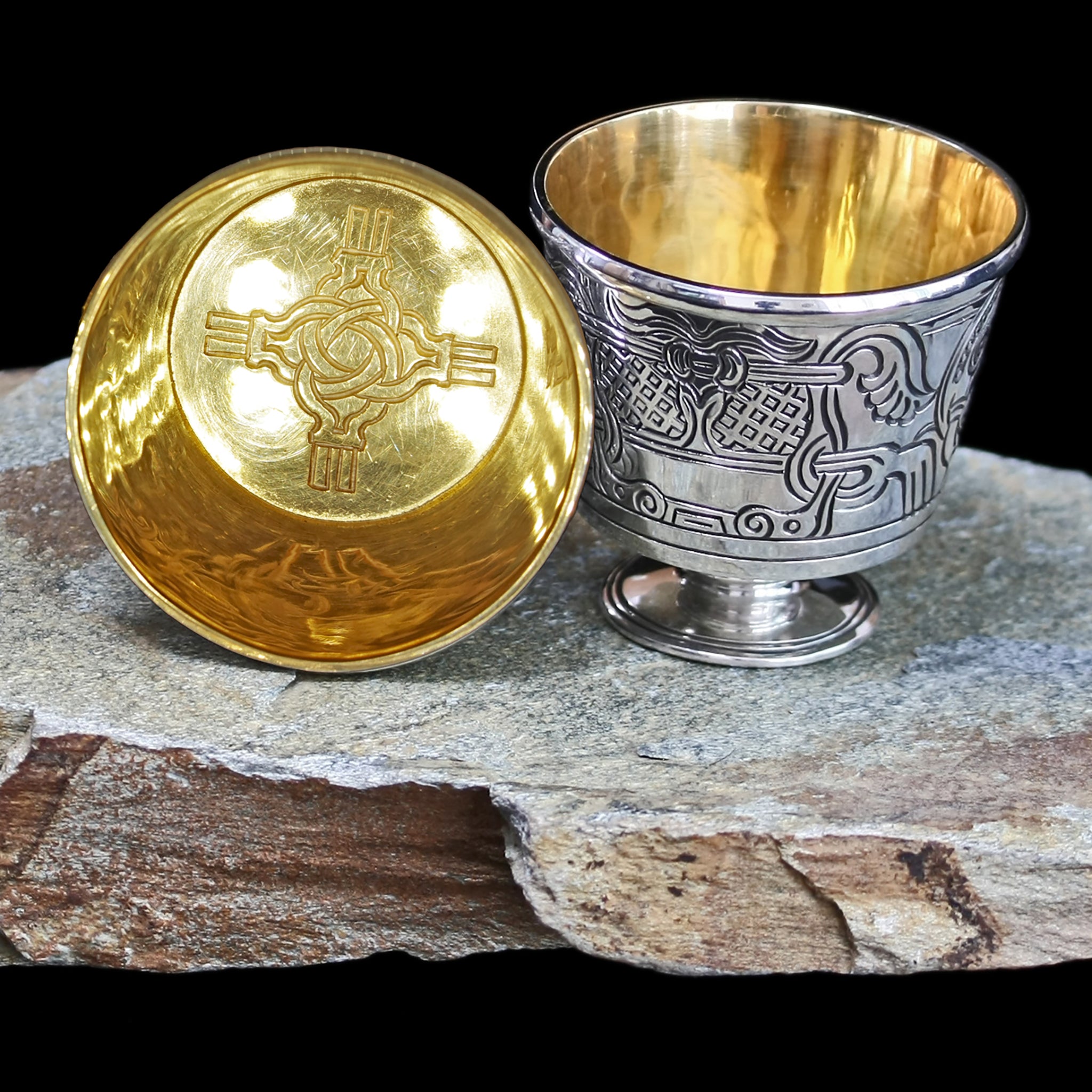 Handmade Silver and Gold Replica Jelling Cups with Knotwork Design