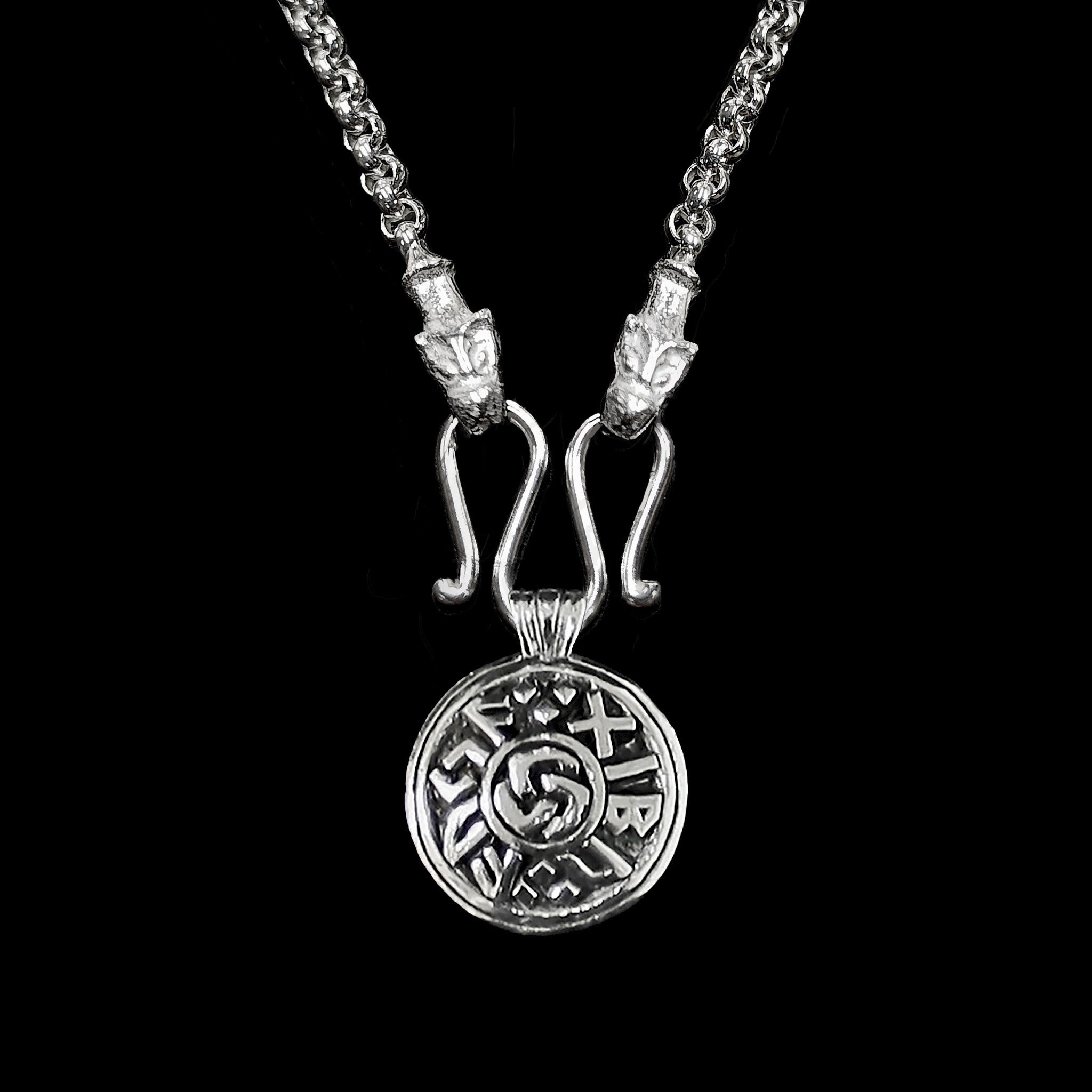 Slim Silver Anchor Chain Pendant Necklace with Icelandic Wolf Heads with Good Luck Viking Pendant