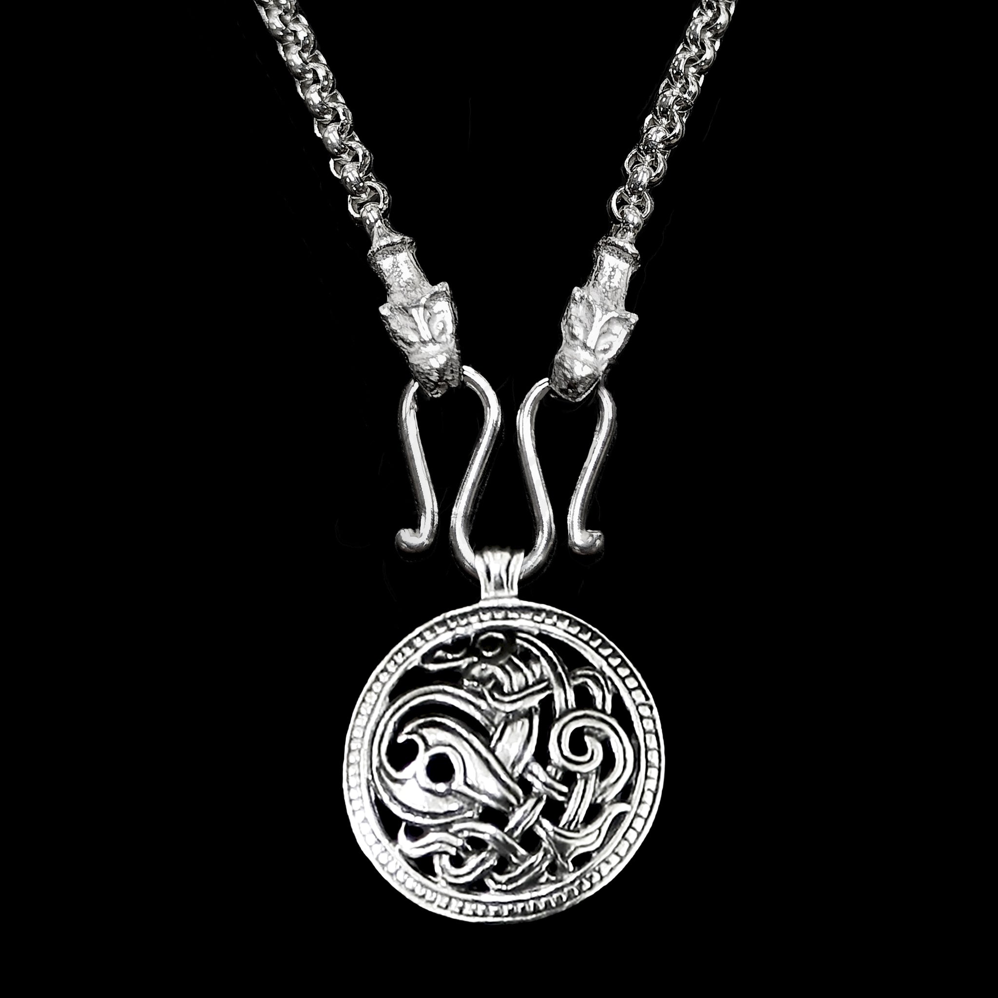 Slim Silver Anchor Chain Pendant Necklace with Icelandic Wolf Heads with Jelling Dragon Viking Pendant