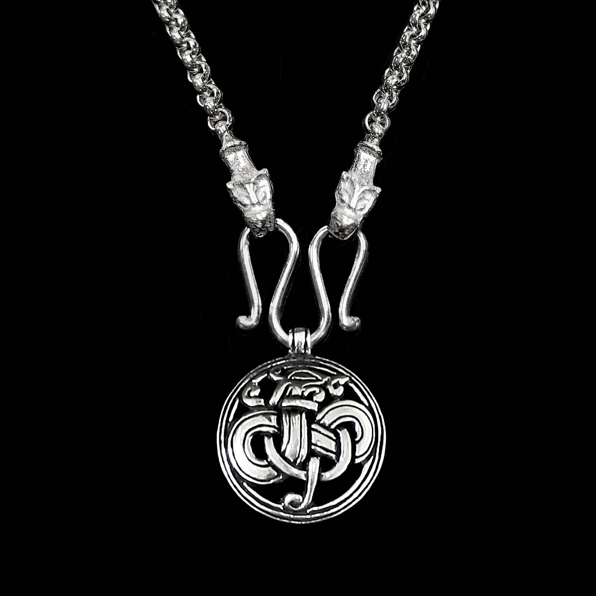 Slim Silver Anchor Chain Pendant Necklace with Icelandic Wolf Heads with Urnes Dragon Viking Pendant
