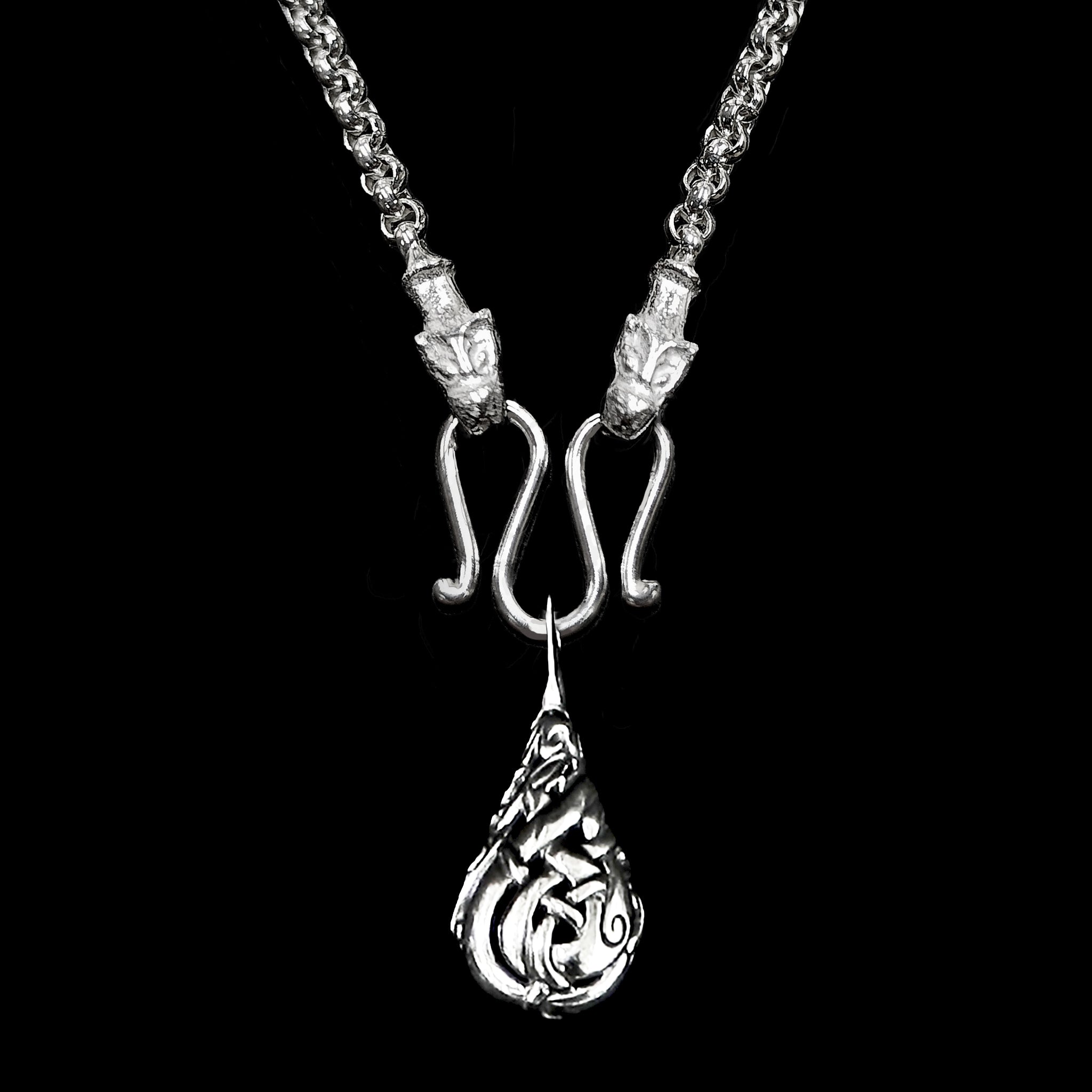Slim Silver Anchor Chain Pendant Necklace with Icelandic Wolf Heads with Urnes Lovers Teardrop Viking Pendant