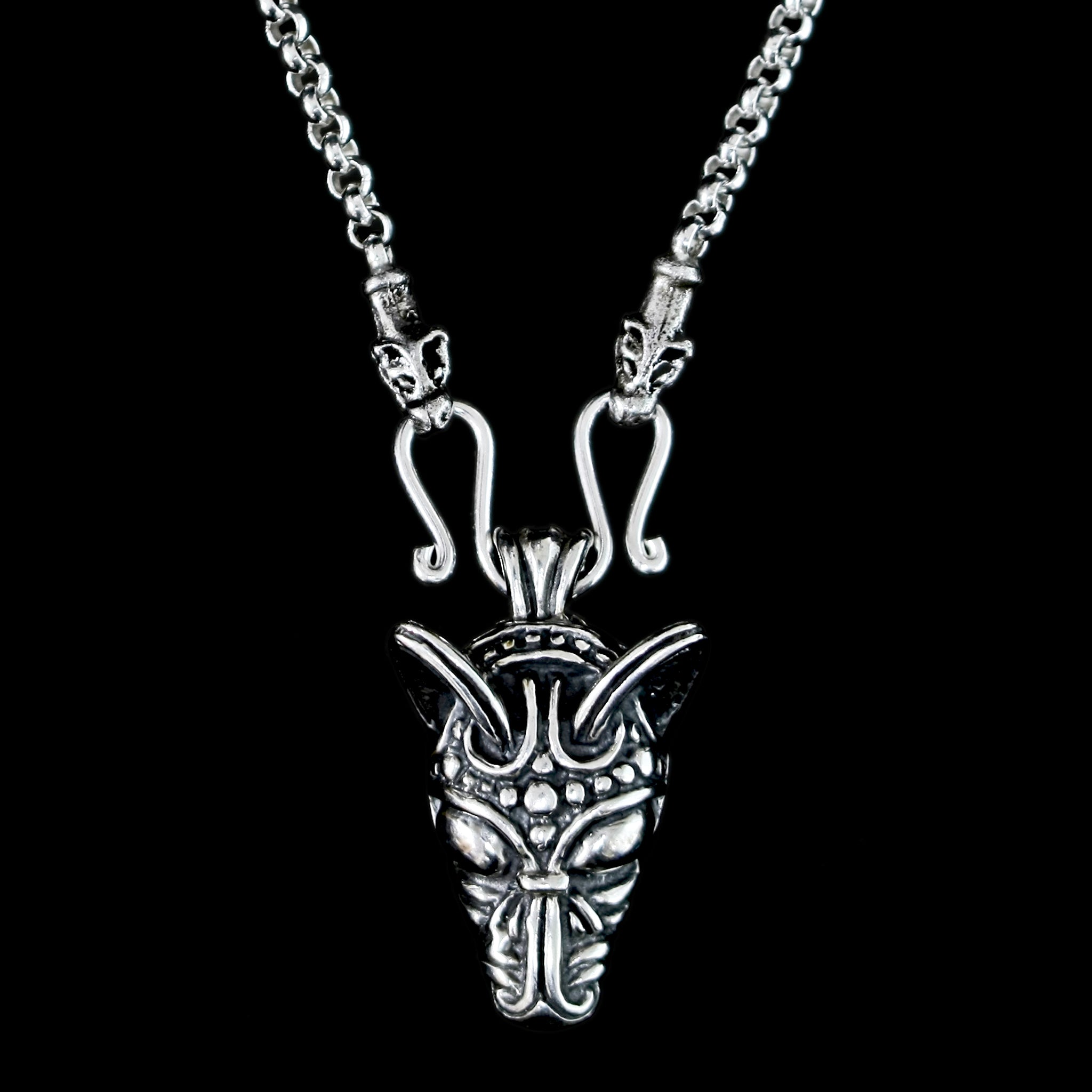 Slim Silver Anchor Chain Pendant Necklace with Icelandic Wolf Heads with Viking Wolf Head Pendant