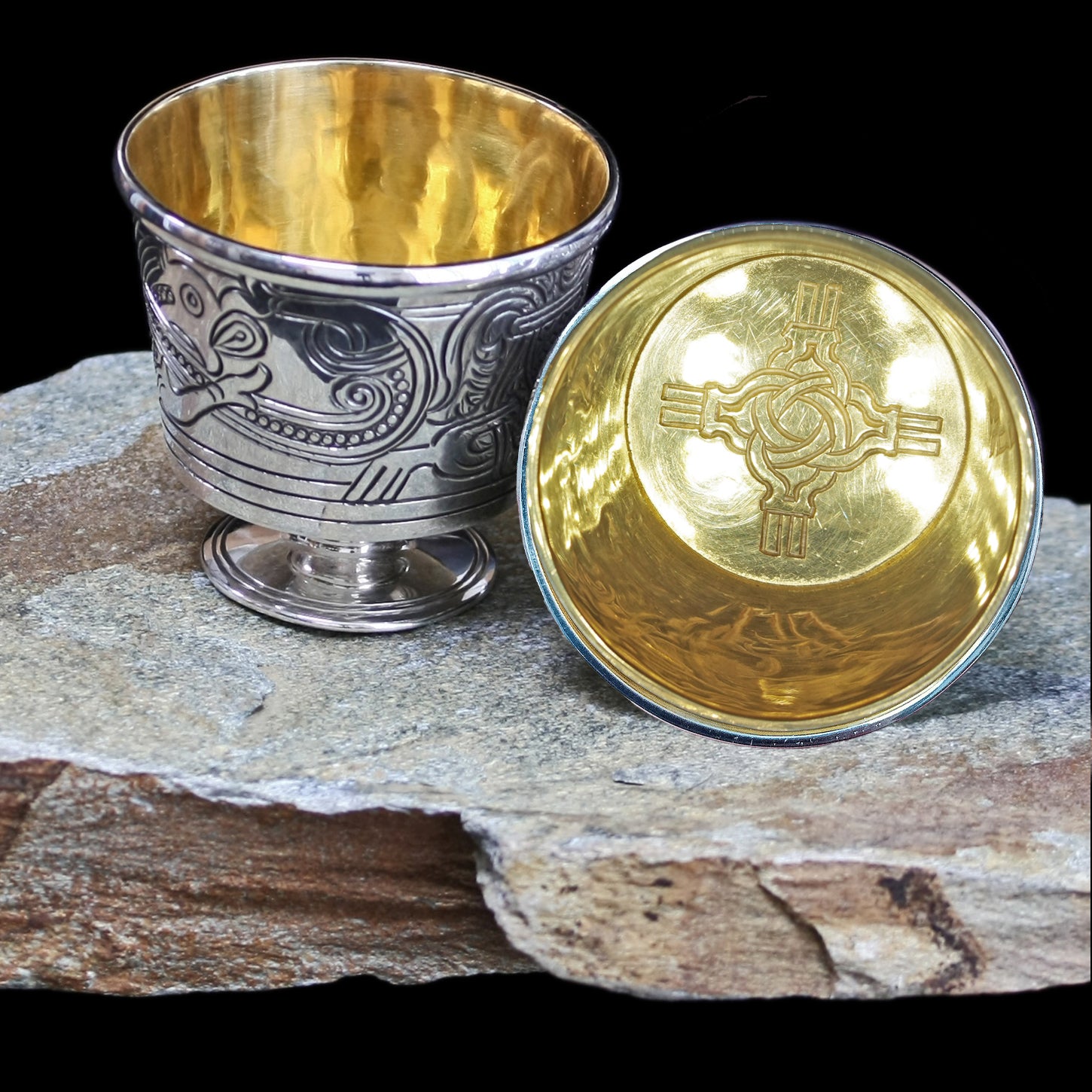 Solid Silver Handmade Jelling Cup Viking Replica with Gold Plated Knotwork Design Interior 