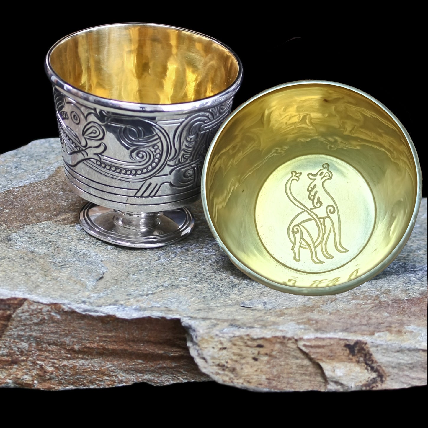 Solid Silver Handmade Jelling Cup Viking Replica with Gold Plated Ringerike Dragon Interior