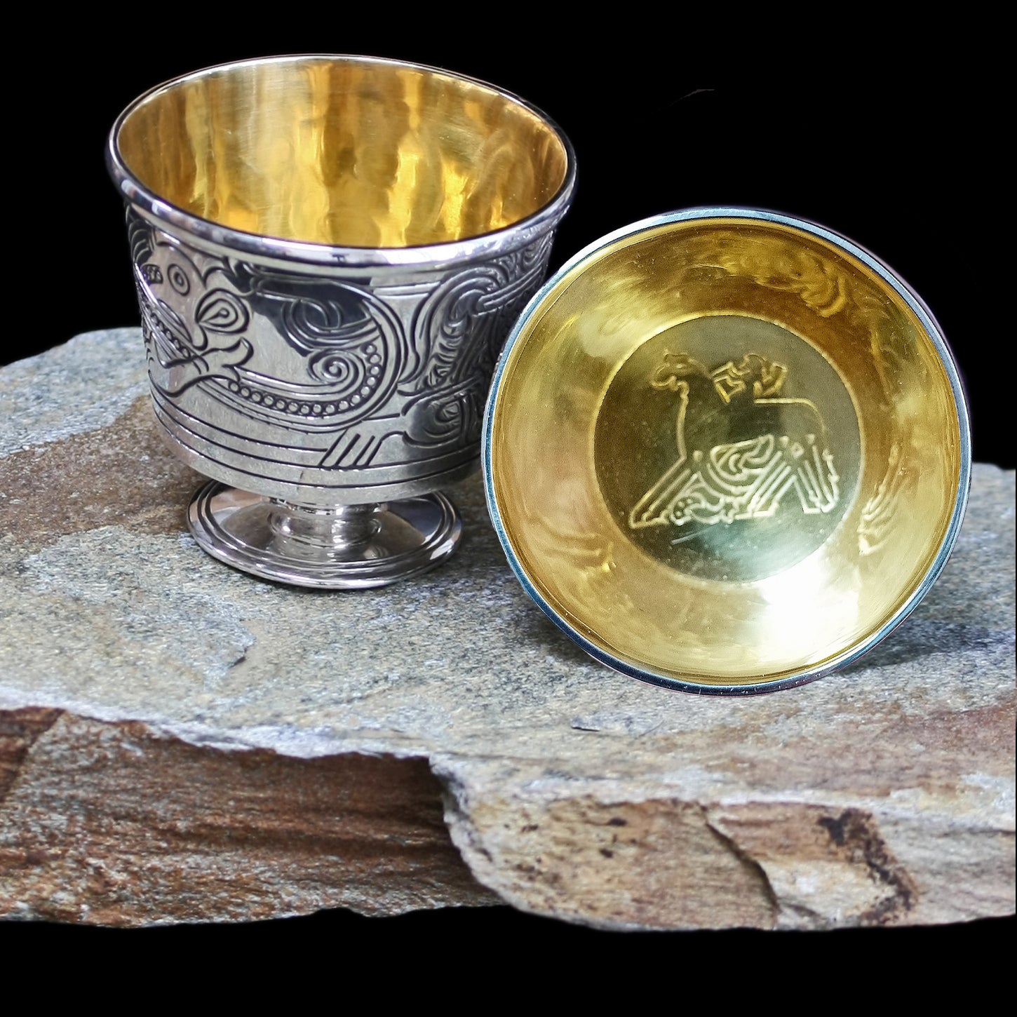 Solid Silver Handmade Jelling Cup Viking Replica with Gold Plated Sleipnir Design Interior