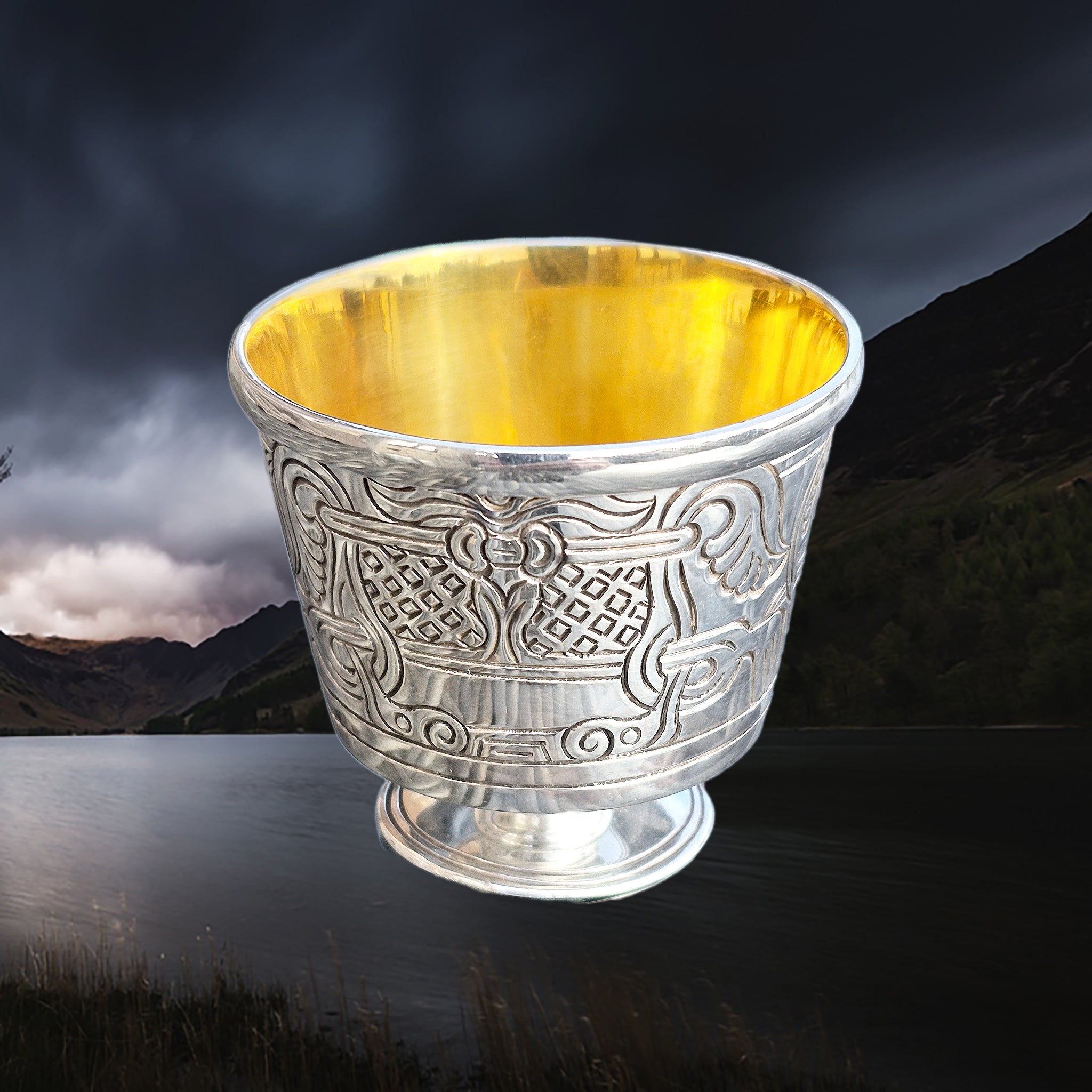Solid Silver Handmade Jelling Cup Viking Replica with Gold Plated Interior - Front Angle View