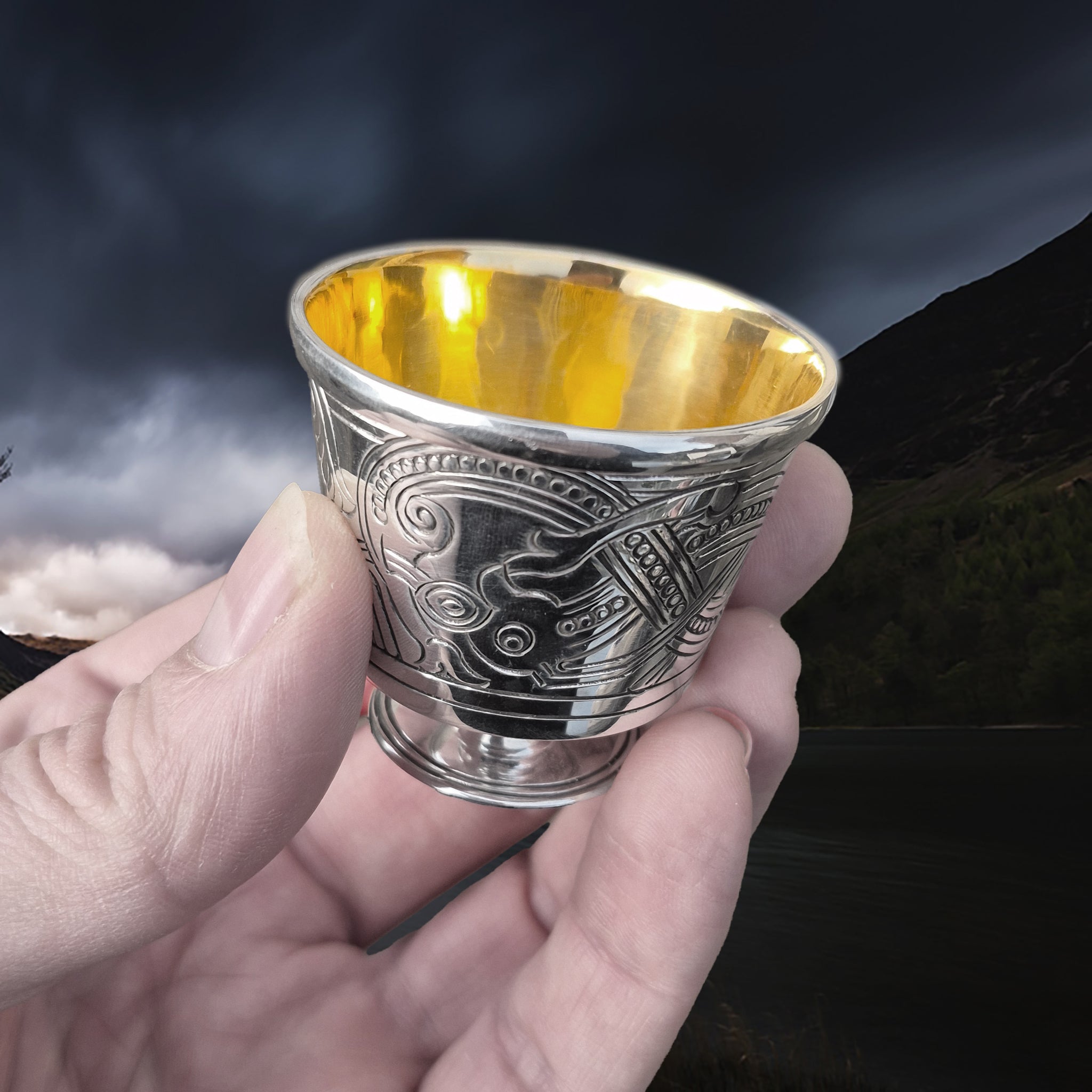 Solid Silver Handmade Jelling Cup Viking Replica with Gold Plated Interior in Fingers - Angle View