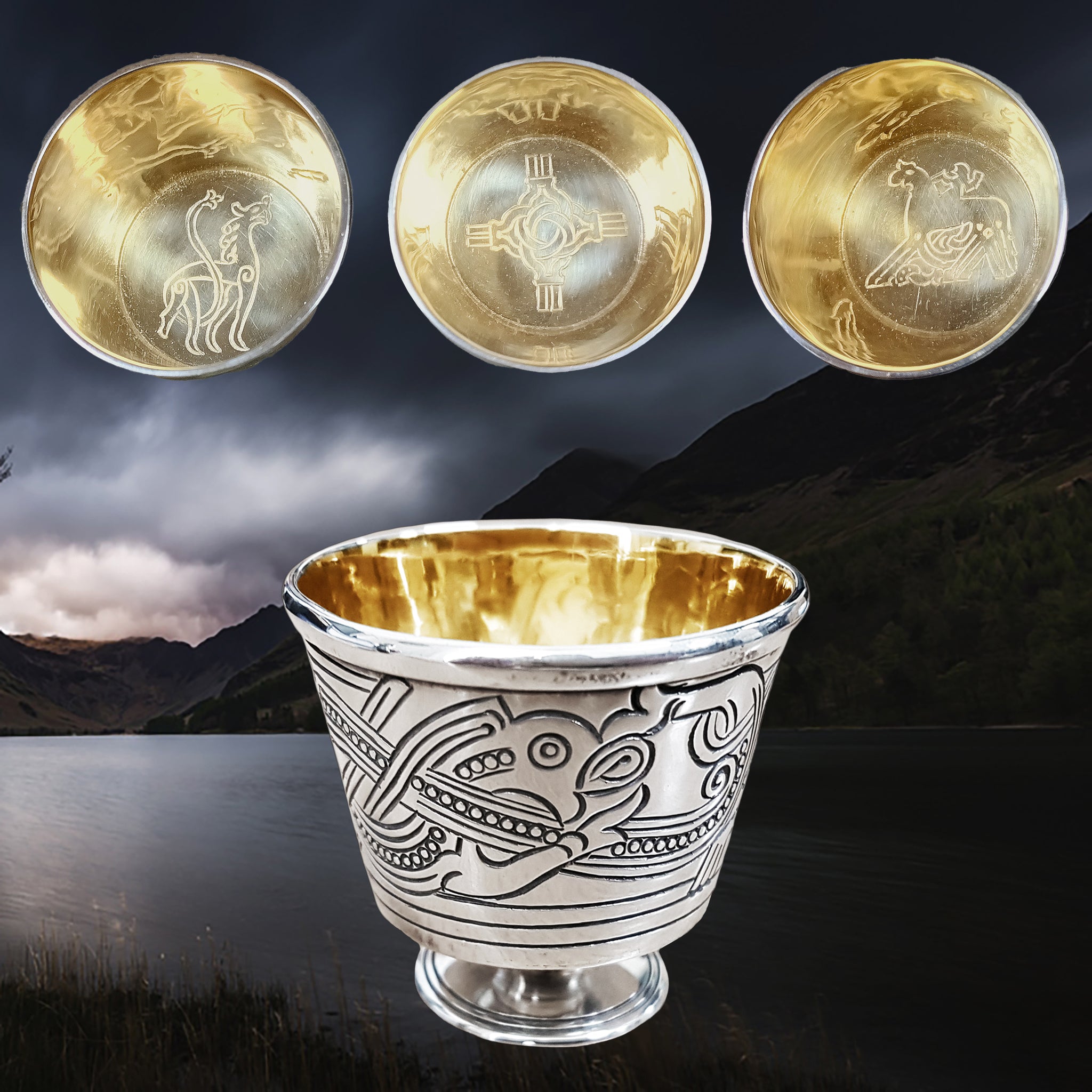 Solid Silver Handmade Jelling Cup Viking Replica with Gold Plated Interiors in 3 Designs Above