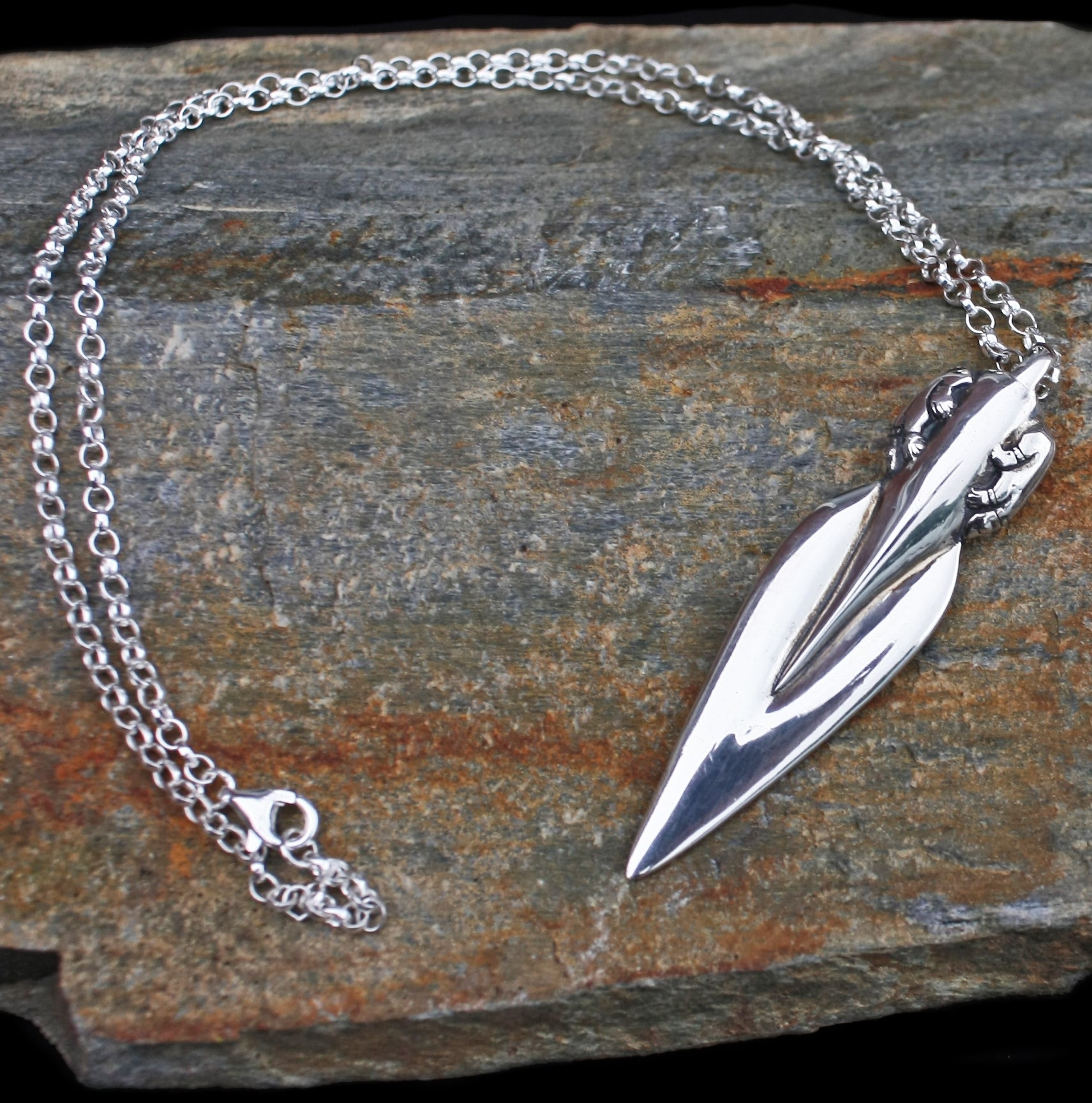 Large Viking Bear Spear Pendant - Silver on Silver Anchor Chain on Rock