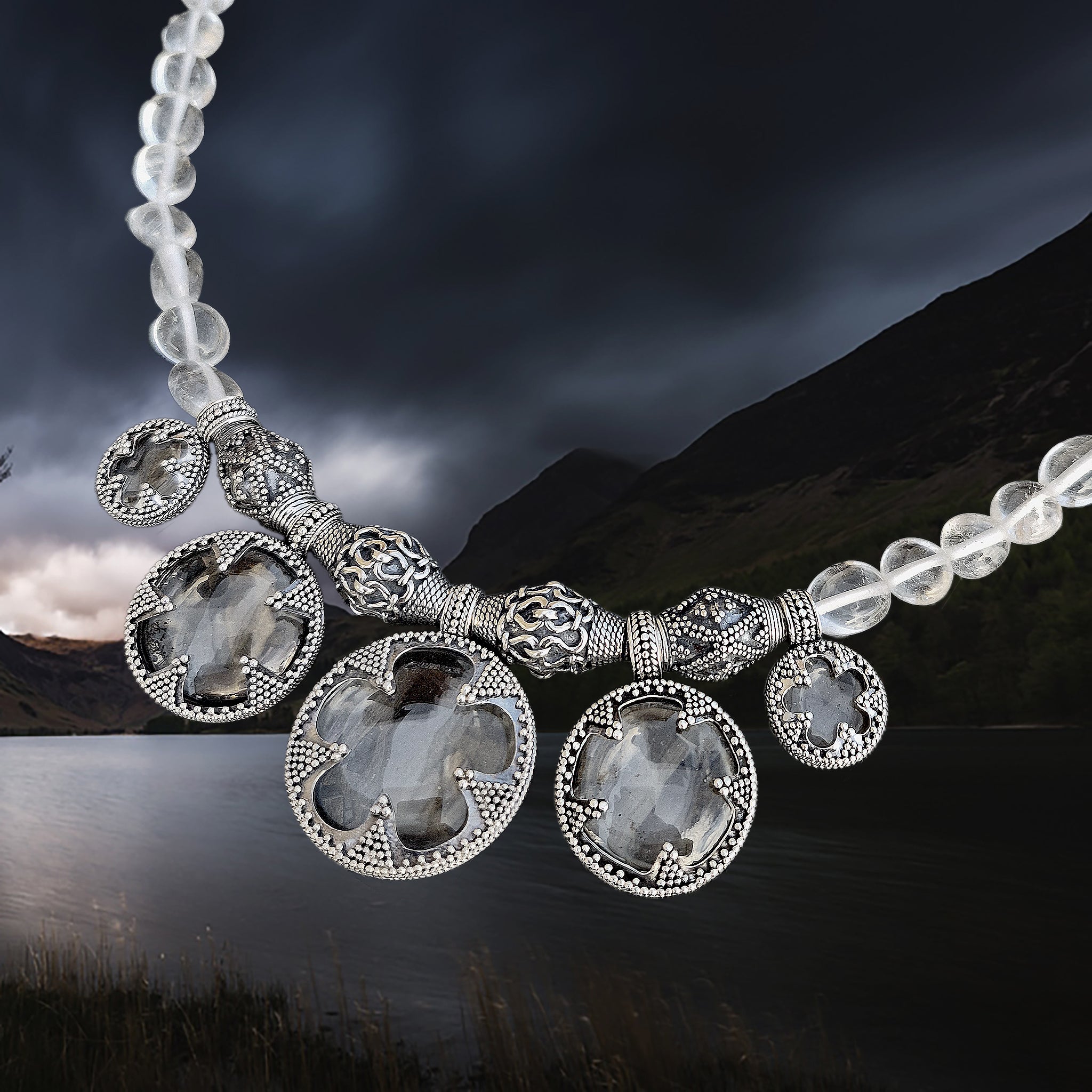 5 Lens Rock Crystal Silver Necklace Replica from Gotland - Close up Angle View