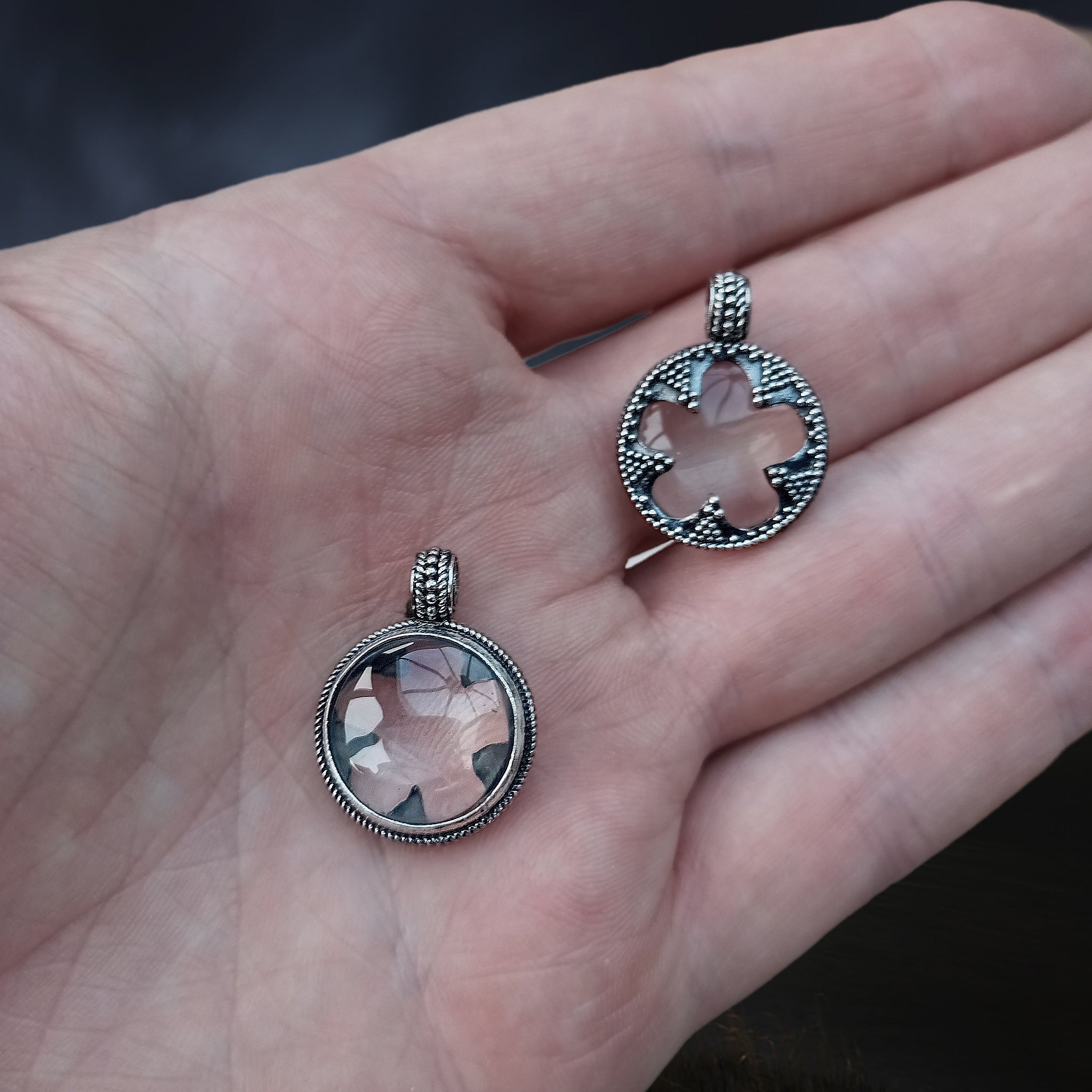 Small Silver Gotland Crystal Lens Pendants in Hand - Front and Back
