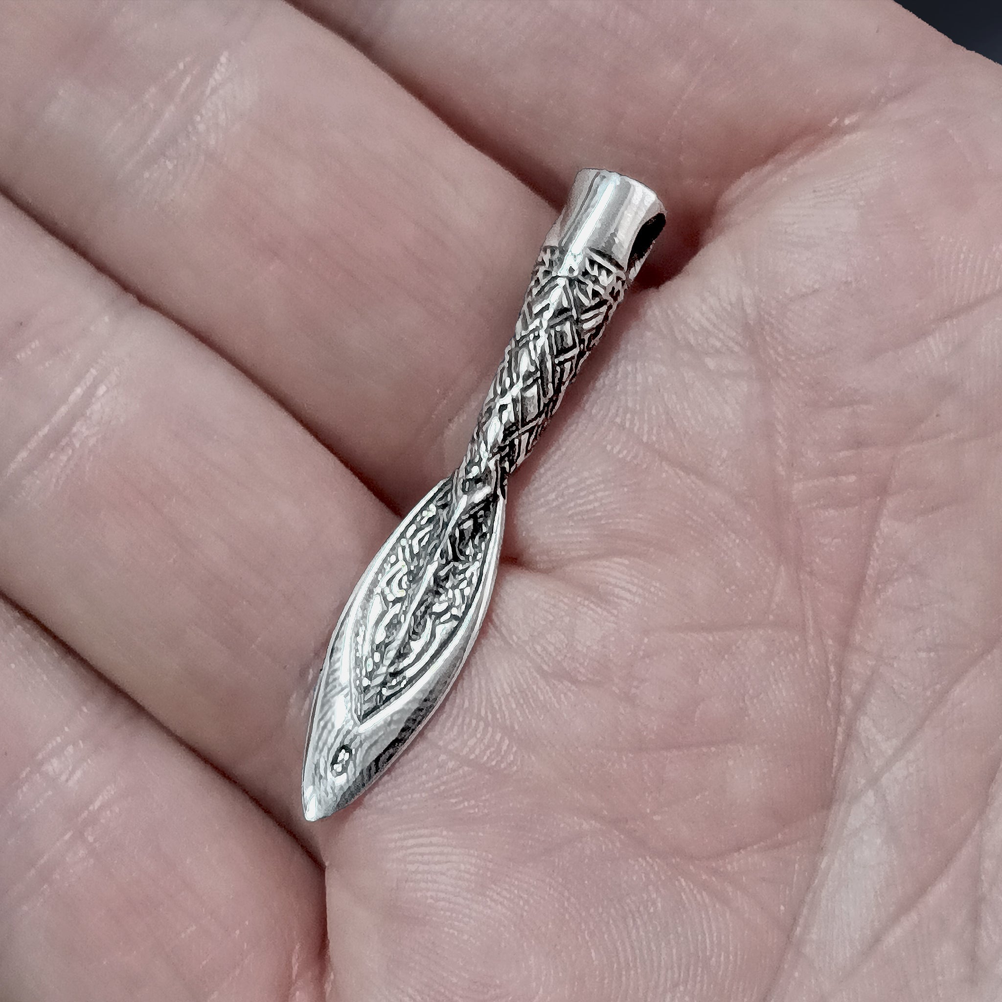 Finnish Spear Head Viking Pendant in 925 Sterling Silver on Hand