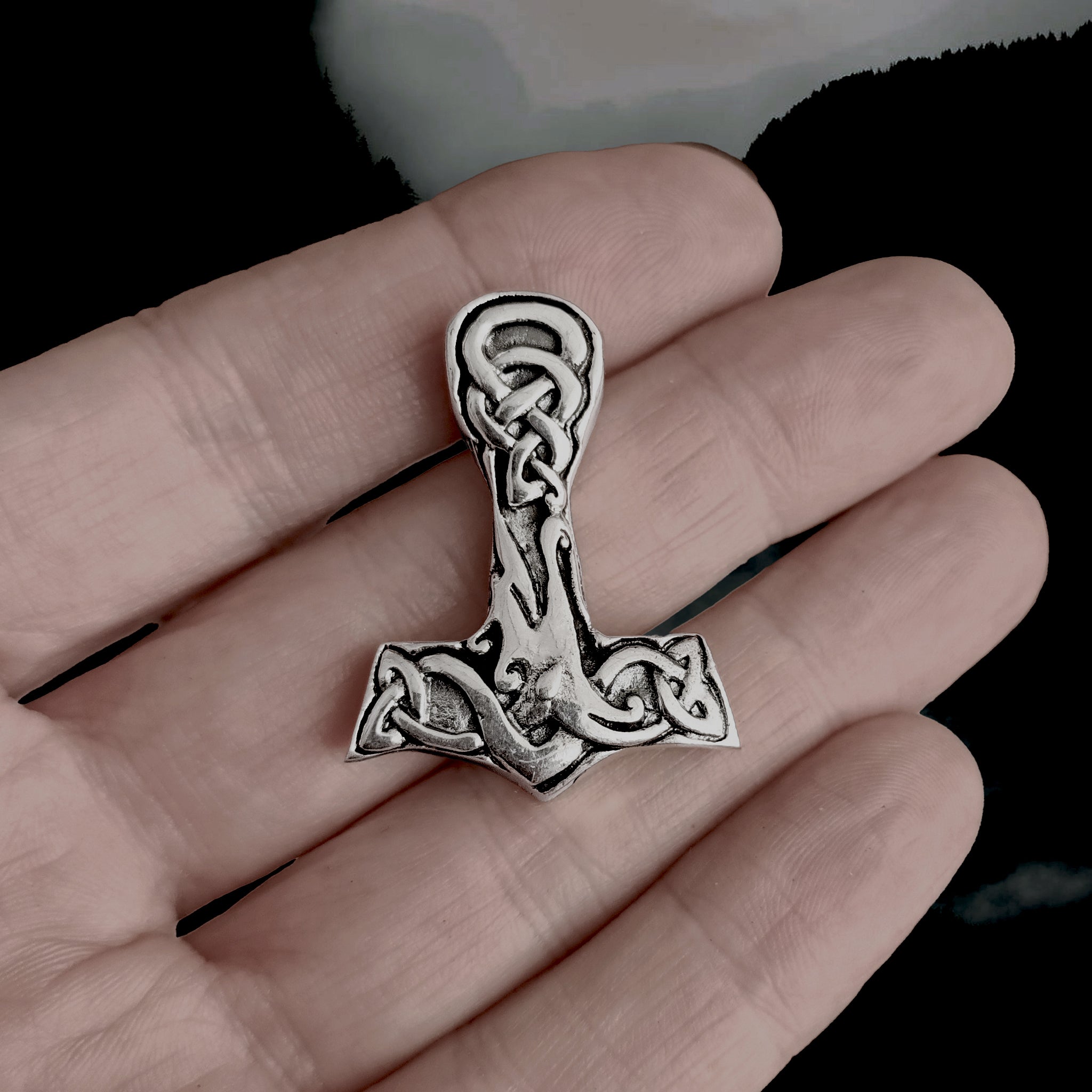 Large Silver Interlace Thors Hammer Pendant on Hand