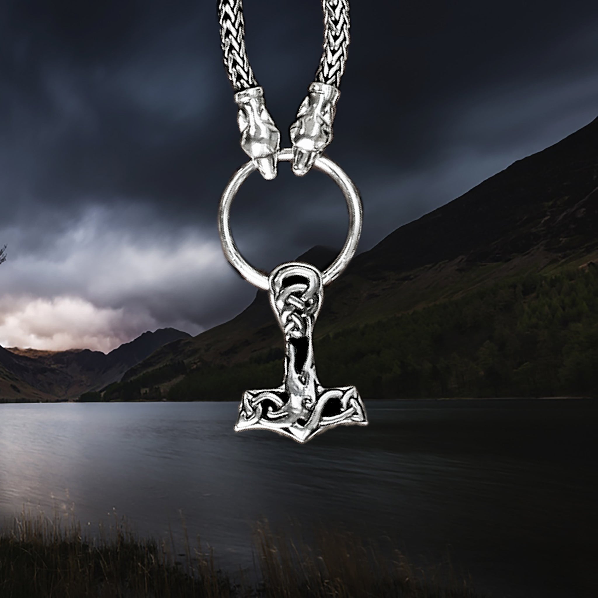 Large Silver Interlace Thors Hammer Viking Pendant on Split Ring & Silver Snake Chain Necklace with Ferocious Wolf Heads