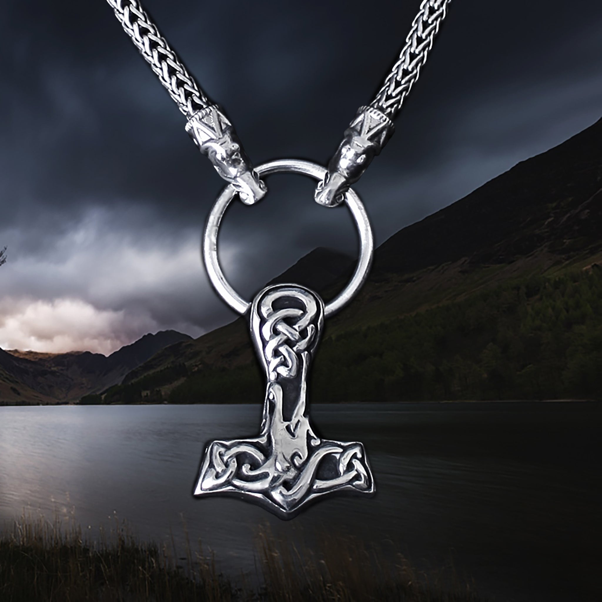 Large Silver Interlace Thors Hammer Viking Pendant on Split Ring & Silver Snake Chain Necklace with Gotland Dragon Heads