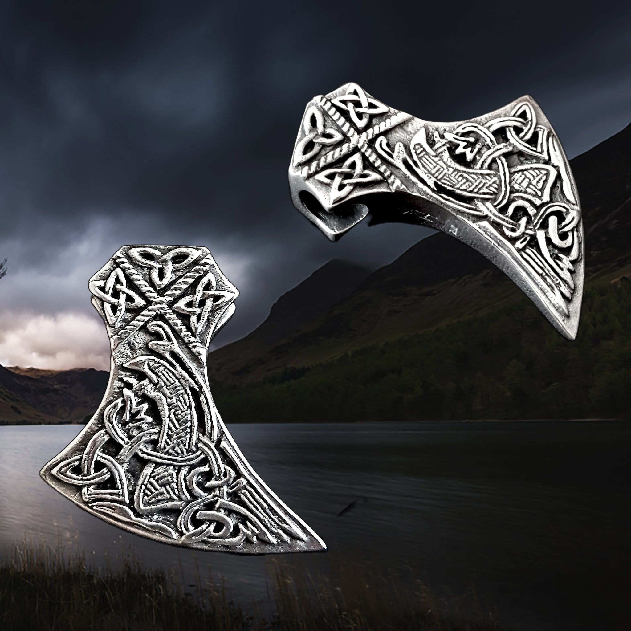 Silver Knotwork Viking Axe Head Pendants - Front and Angle View
