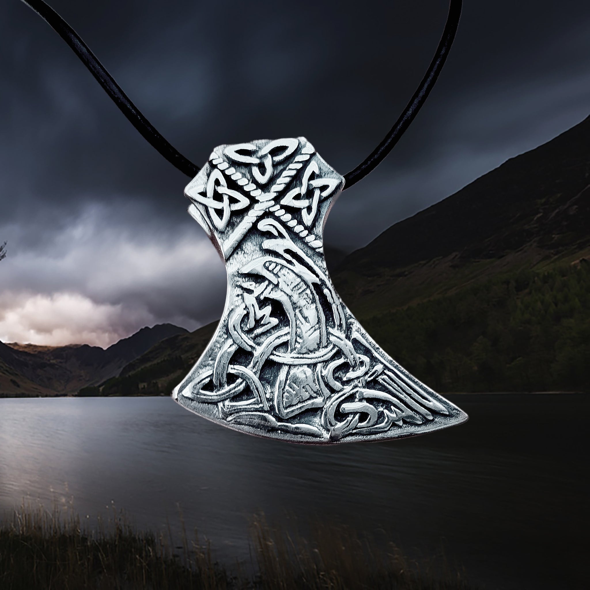 Silver Knotwork Viking Axe Head Pendant on Leather Thong
