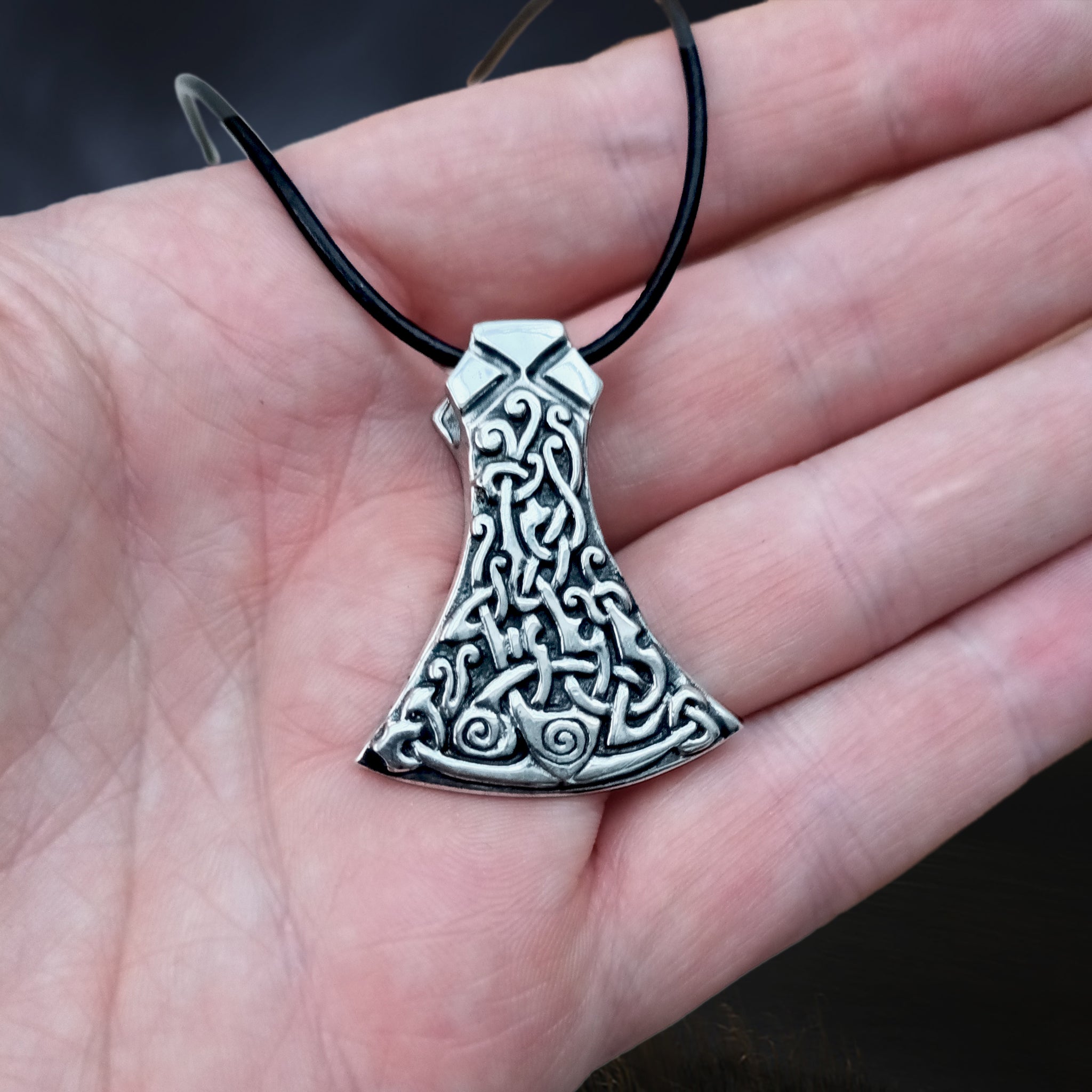 Silver Mammen Axe Head Viking Pendant on Leather Thong on Hand