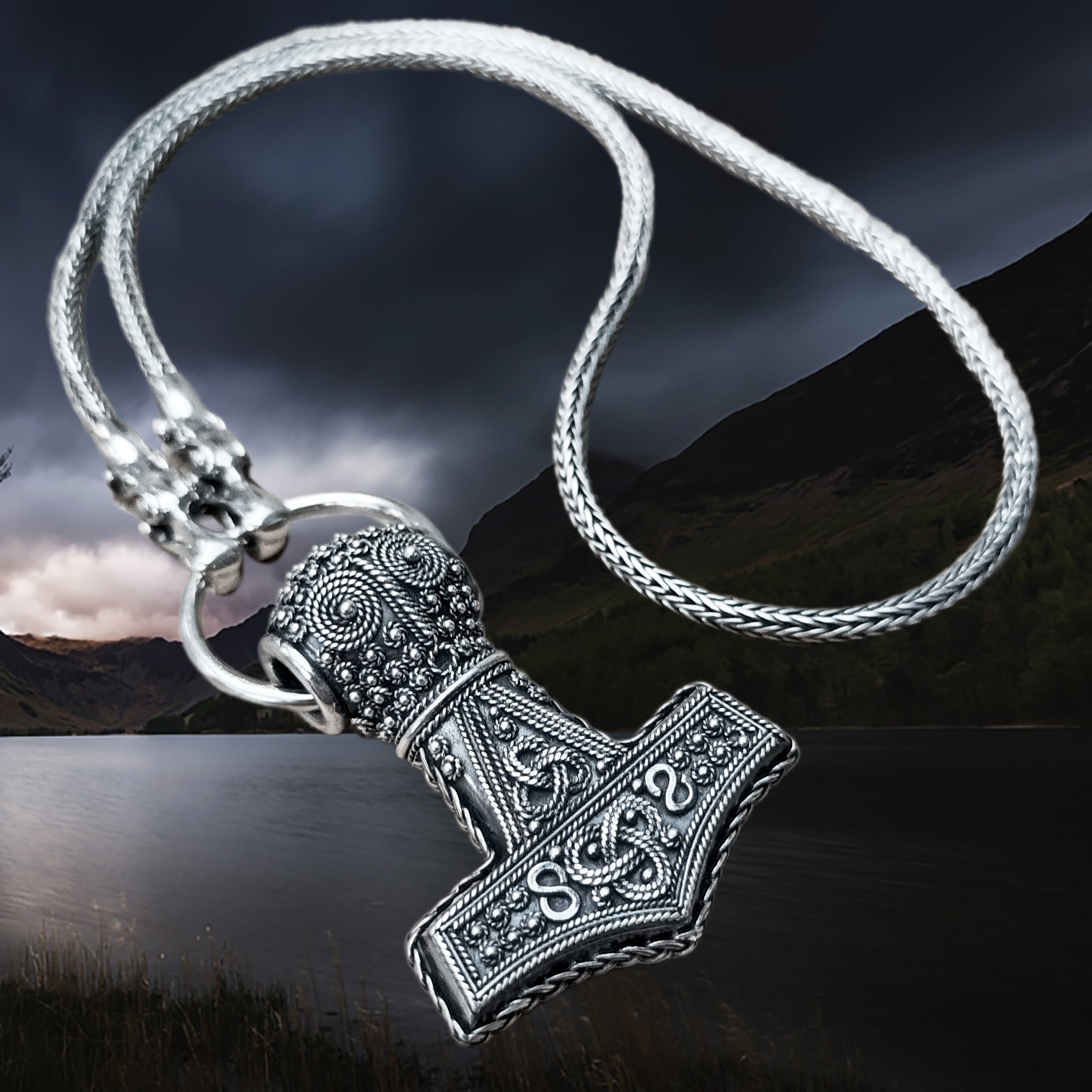 Silver Filigree Thors Hammer Pendant Replica from Öland with Split Ring and Silver Snake Chain with Tromso Dragon Heads