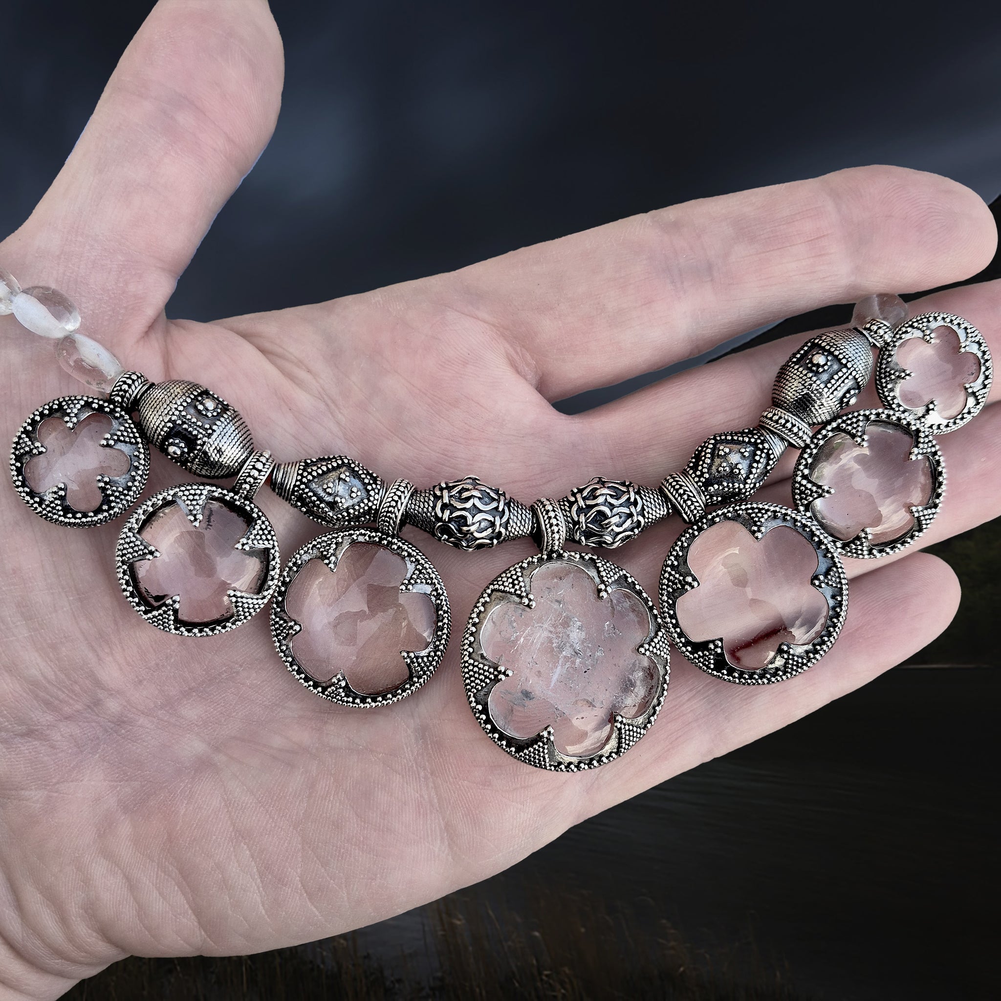 7 Lens Rock Crystal & Silver Filigree Necklace from Gotland with Large Central Quartz Crystal on Hand